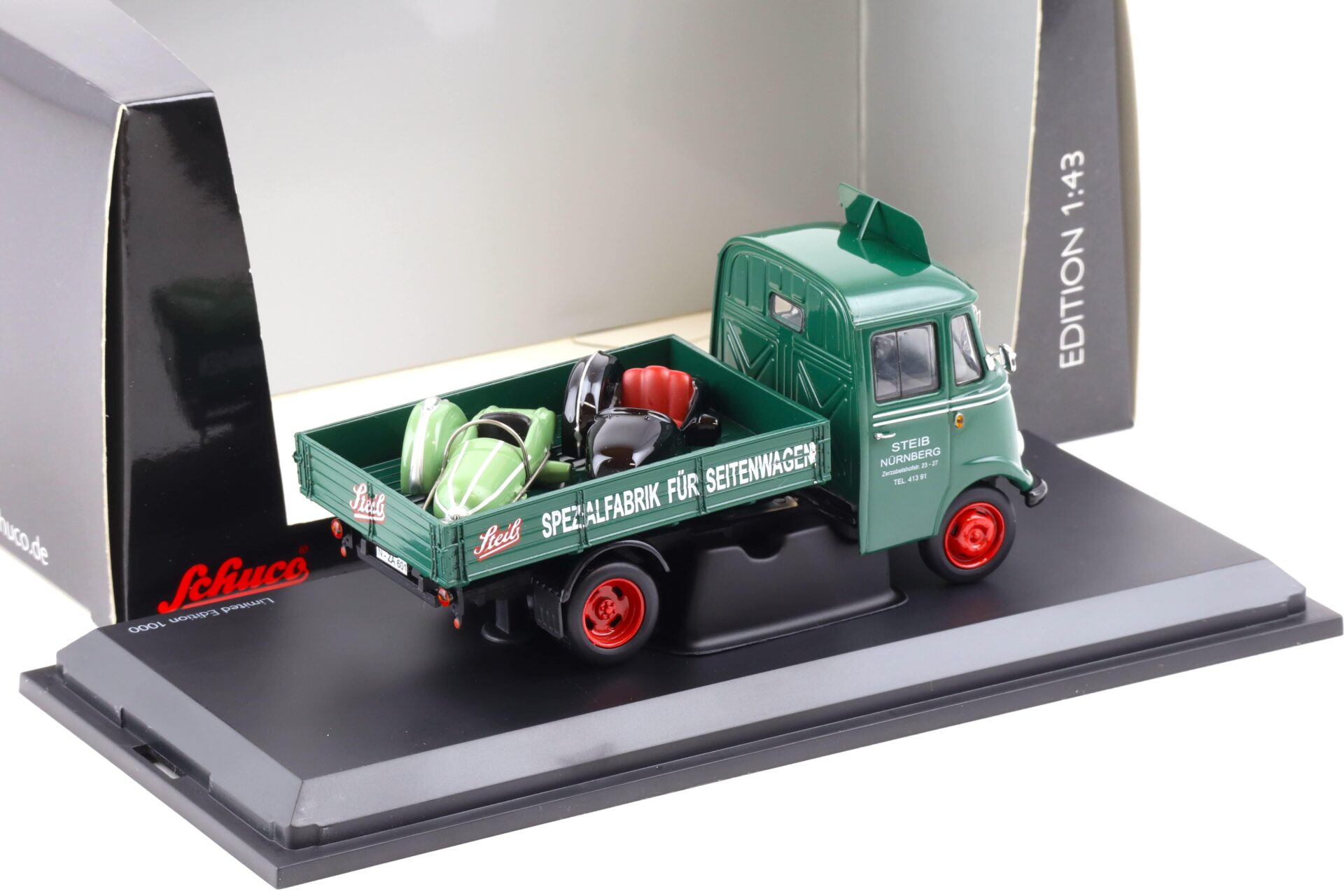 1:43 Schuco Mercedes L319 Pritsche Steib mit 2 Piccolo Beiwagen green