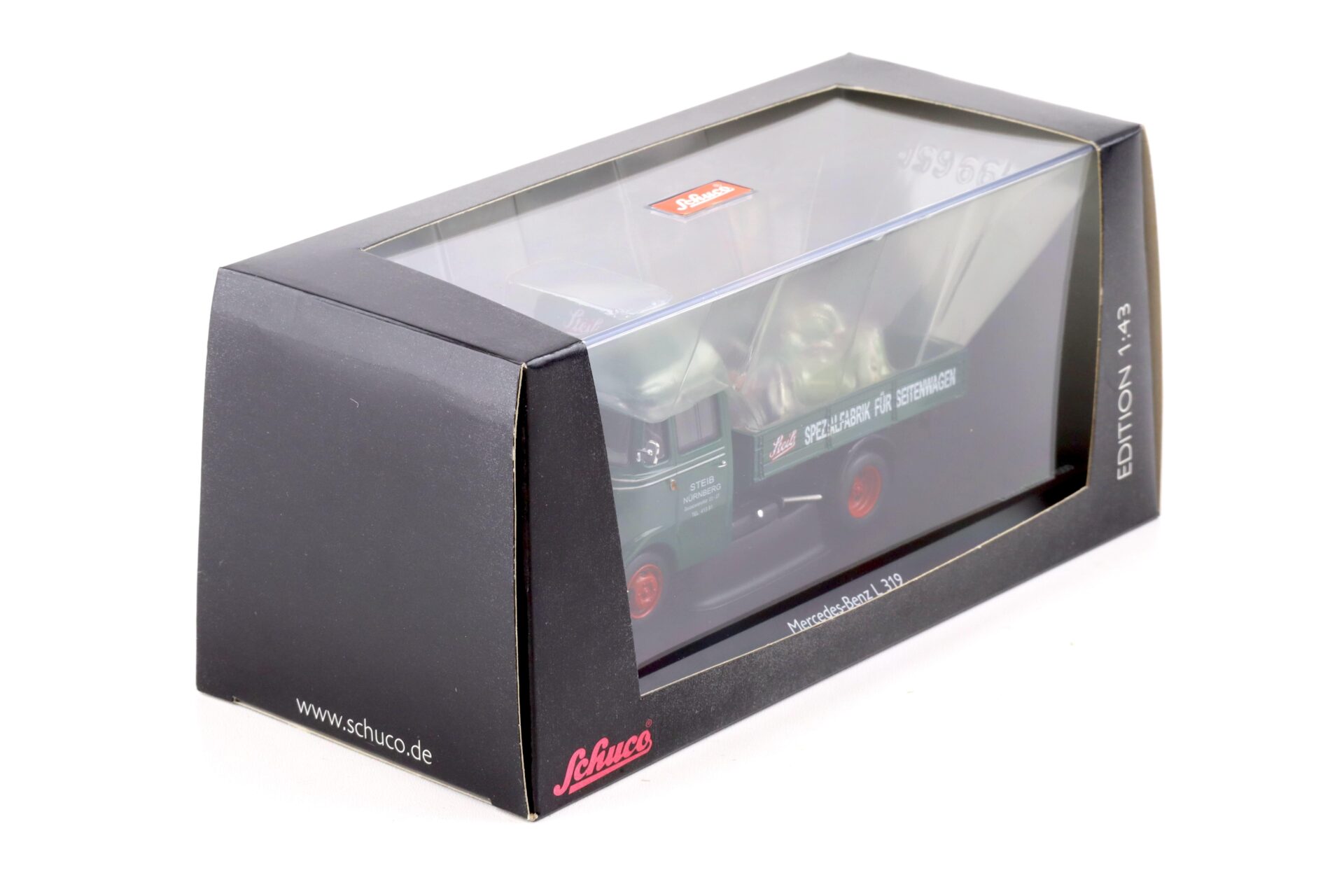 1:43 Schuco Mercedes L319 Pritsche Steib mit 2 Piccolo Beiwagen green