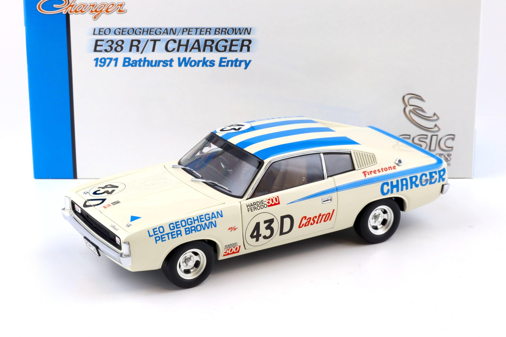 1:18 Classic Carlectables Chrysler E38 R/T Charger 1971 Bathurst Works Entry Geoghegan #43