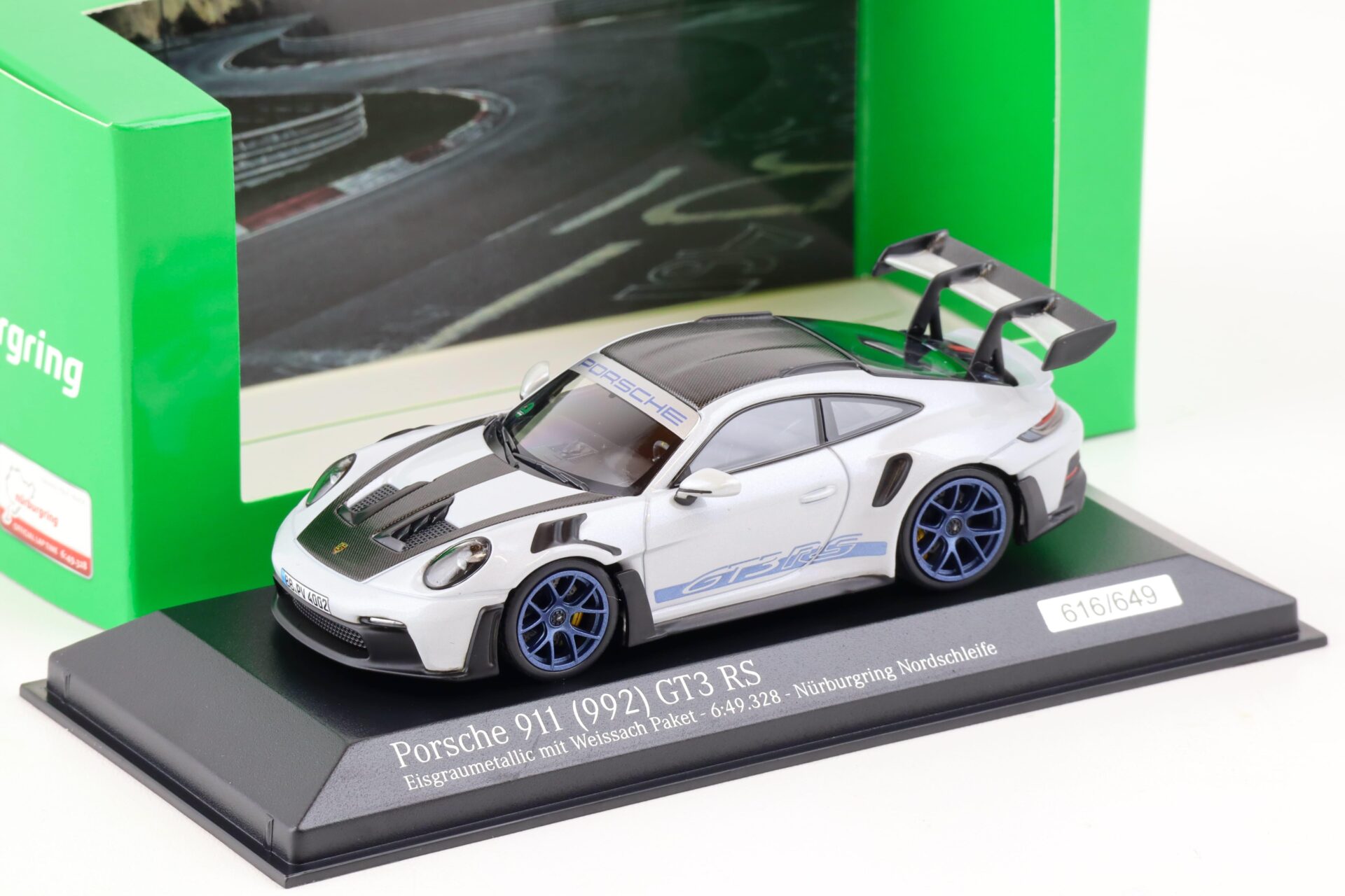 1:43 Minichamps Porsche 911 (992) GT3 RS Weissach Package Nürburgring Ice grey/ indigo blue