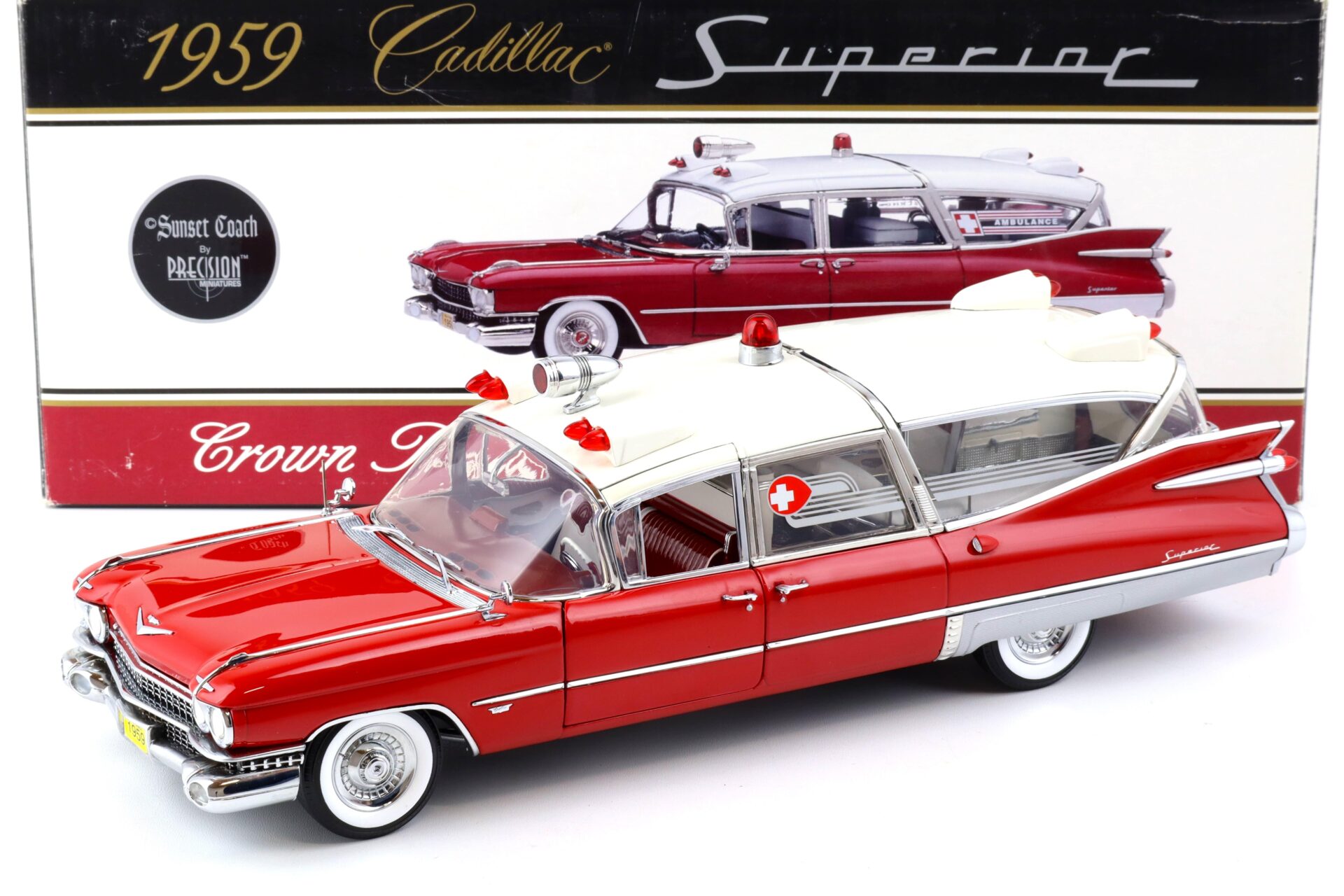 1:18 Sunset Coach Precision 1959 Cadillac Superior Crown Royal Ambulance red/ white