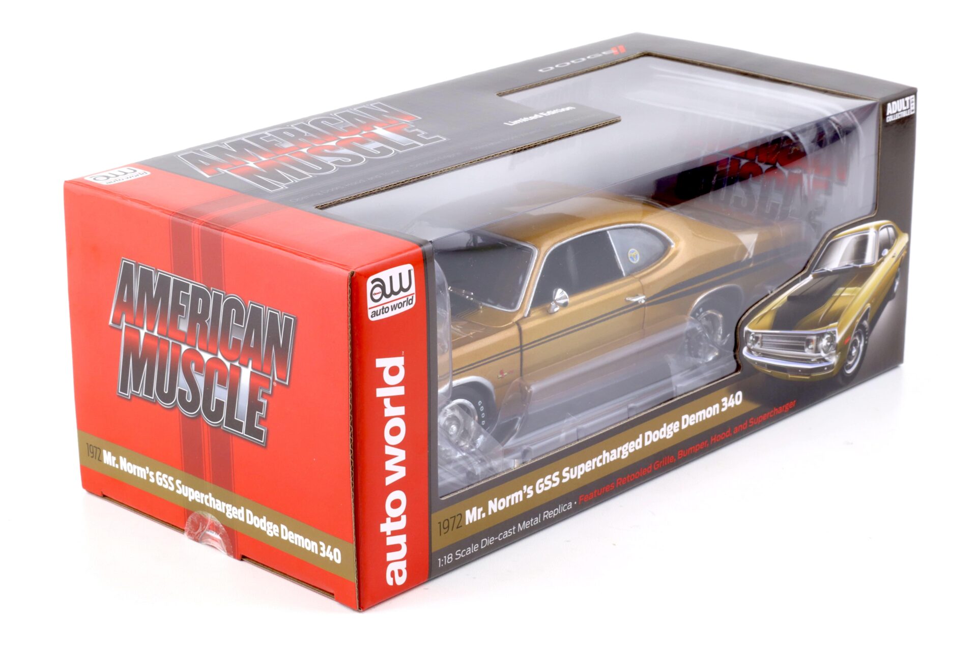 1:18 Auto World 1972 Dodge Demon GSS Supercharged Mr. Norm GY8 gold metallic
