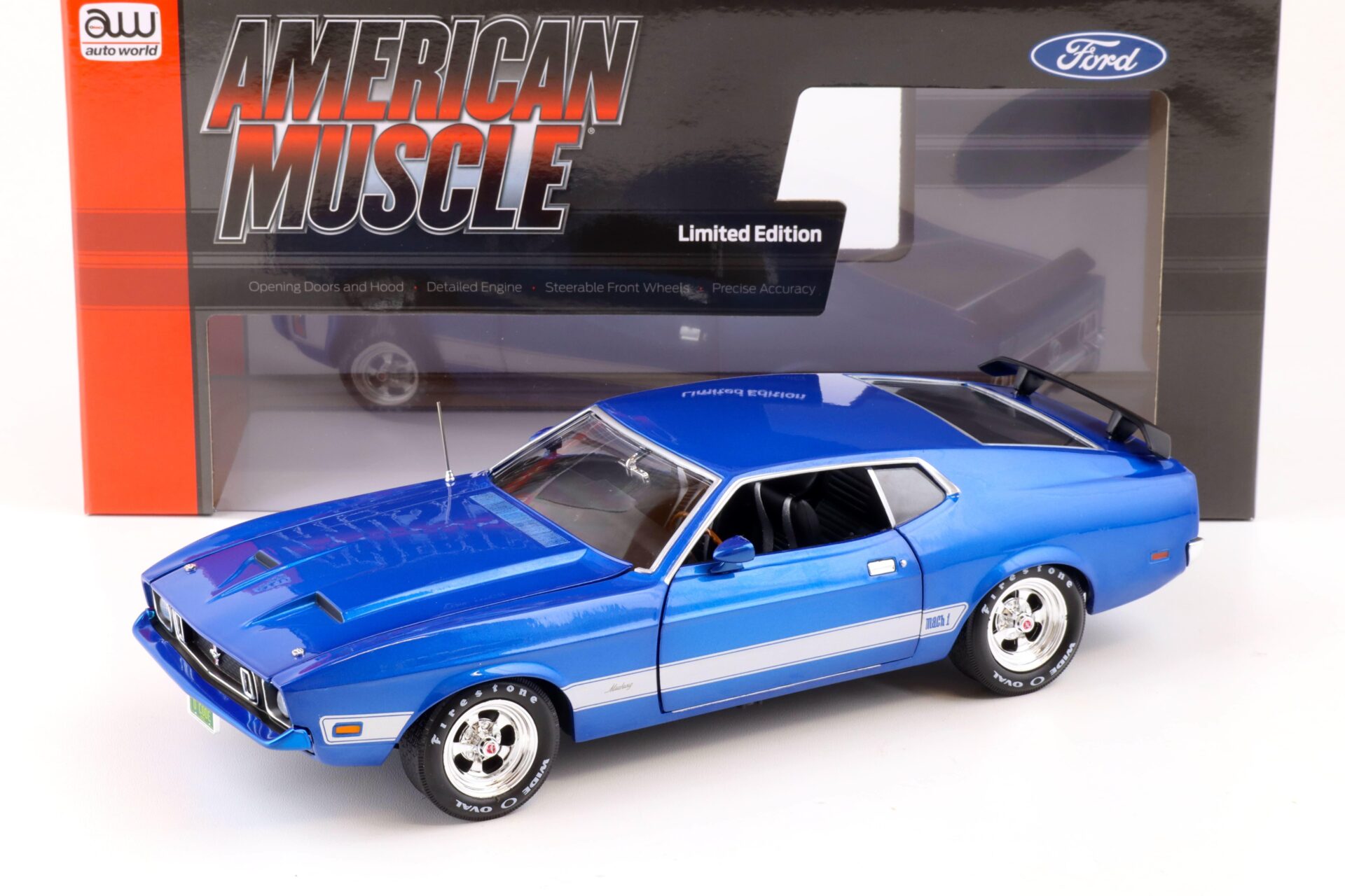1:18 Auto World 1973 Ford Mustang Mach 1 Coupe Class of 1973 blue glow