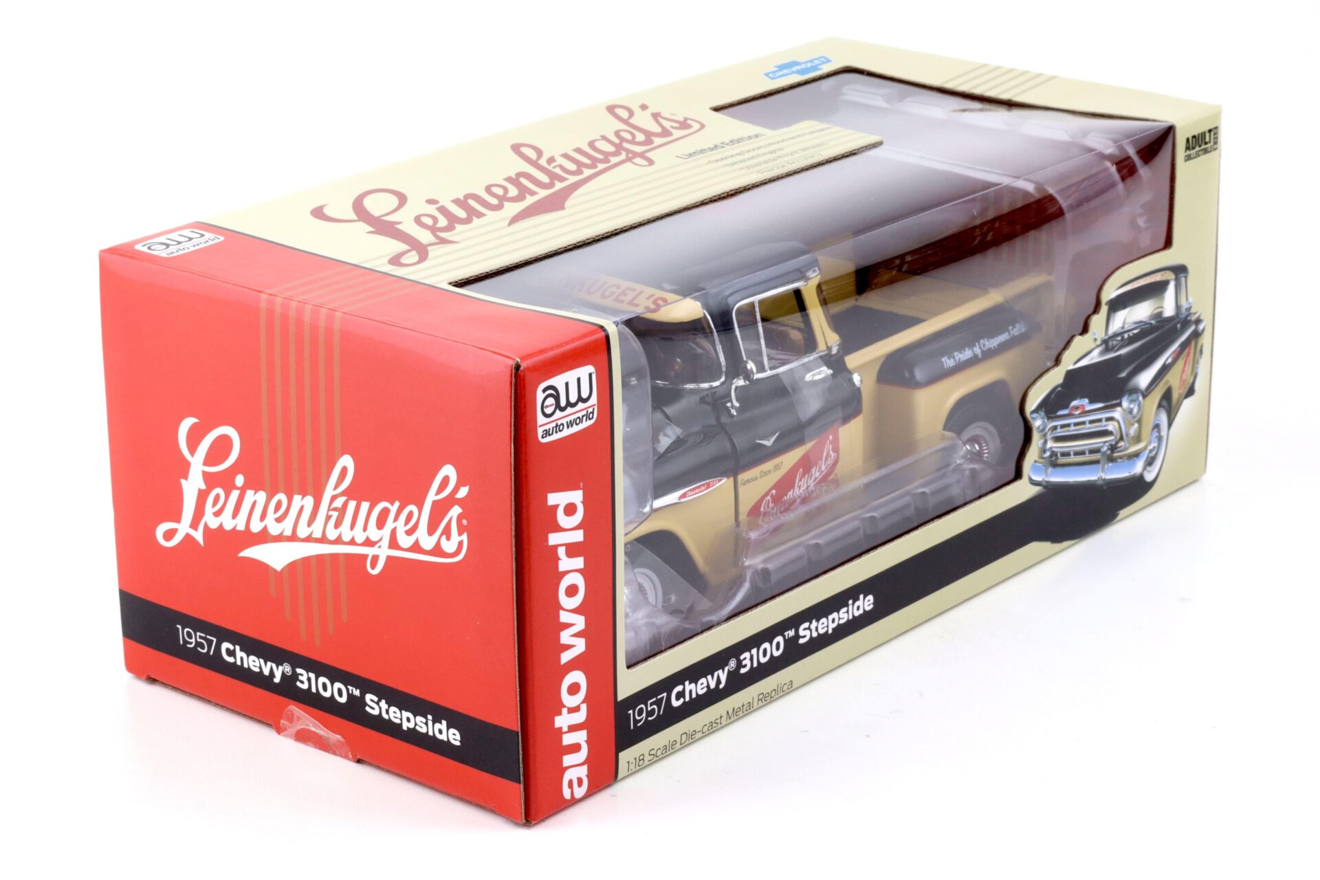 1:18 Auto World 1957 Chevrolet 3100 Stepside Pickup Leinenkugle´s Beer black&tan