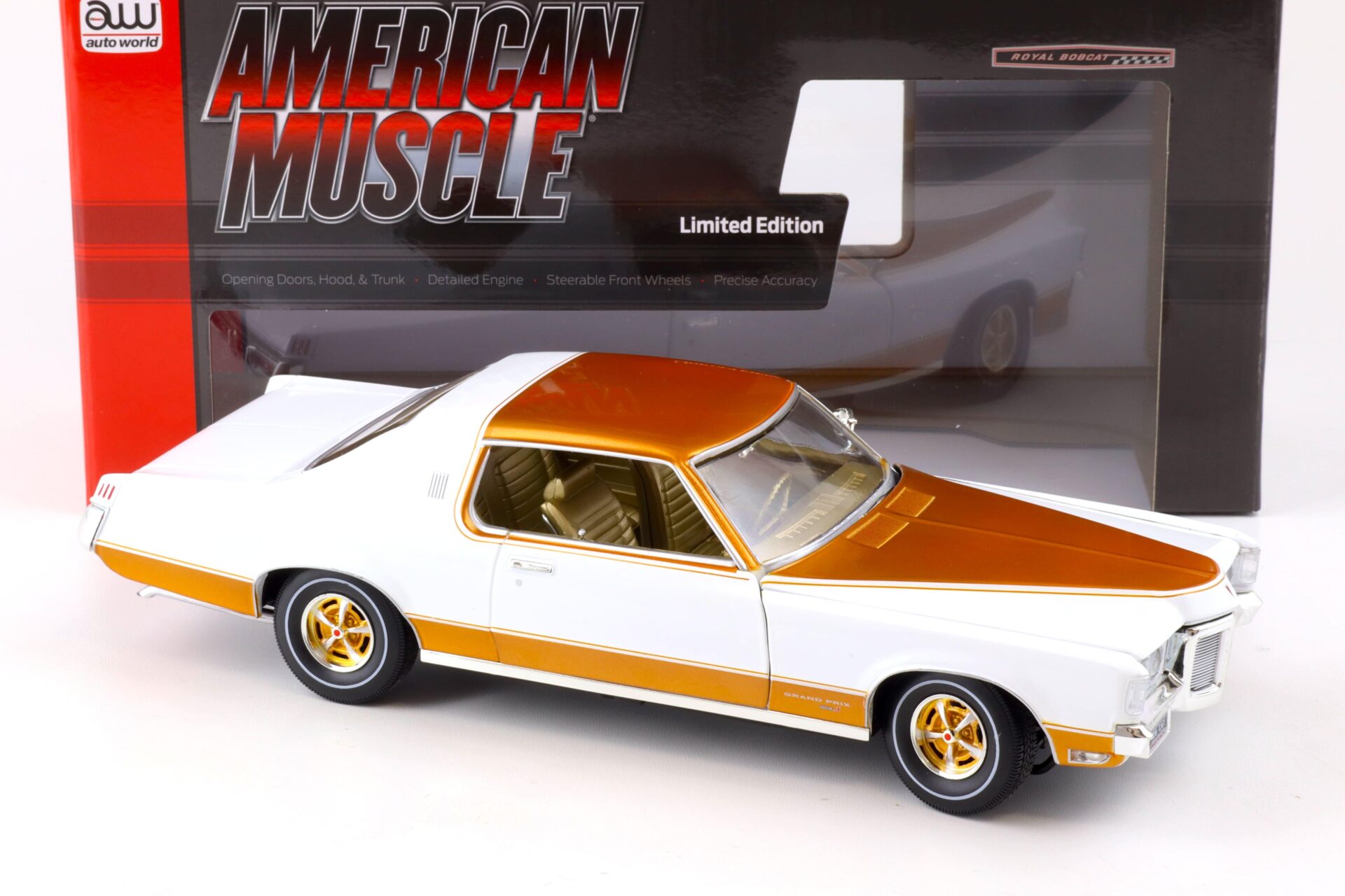 1:18 Auto World 1969 Pontiac Grand Prix Royal Bobcat Model J Cameo white/ gold