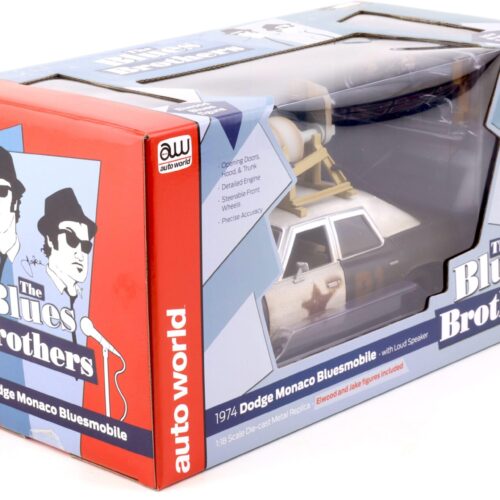 1:18 Auto World 1974 Dodge Monaco Bluesmobile with Loud Speaker Blues Brothers + Figures
