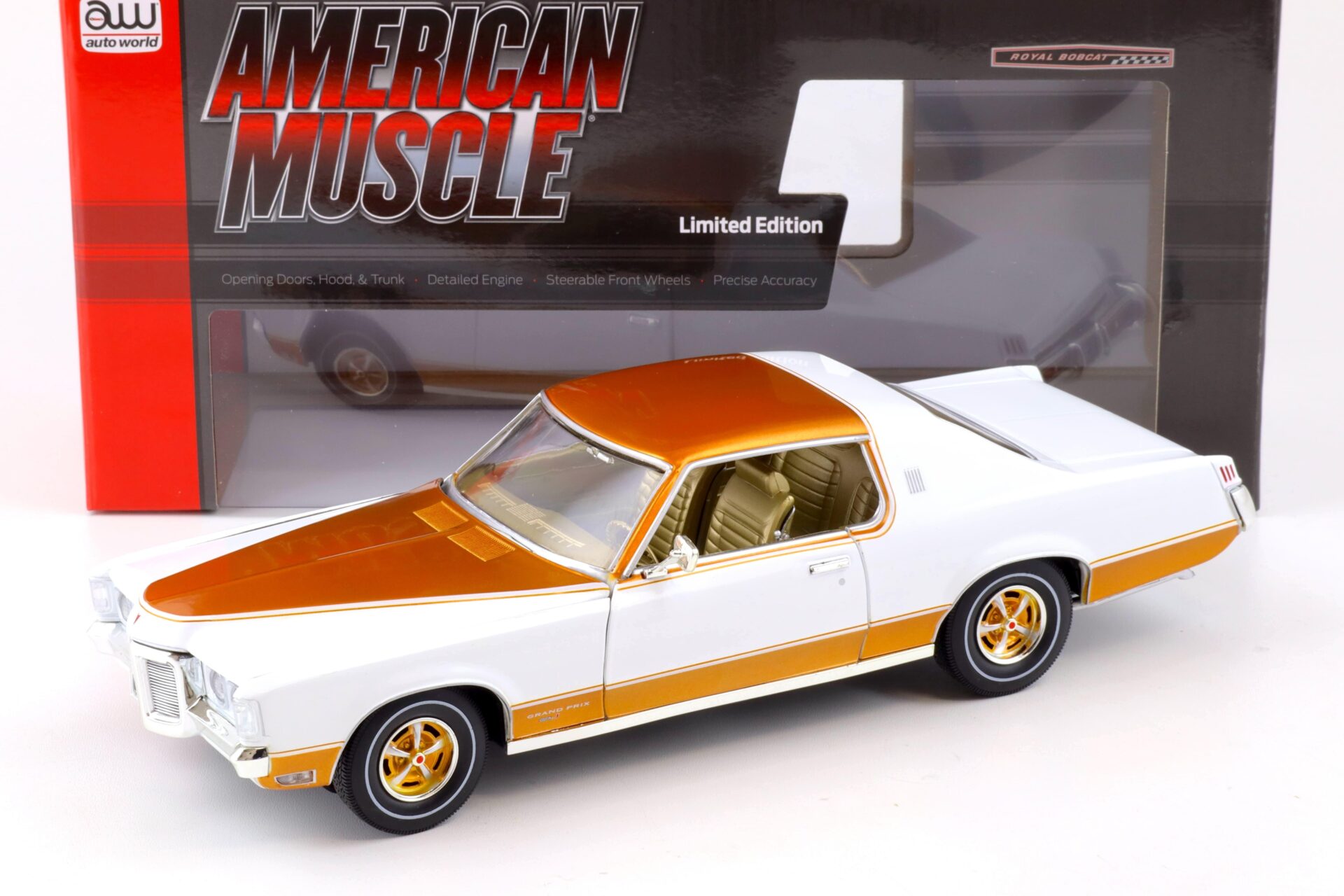 1:18 Auto World 1969 Pontiac Grand Prix Royal Bobcat Model J Cameo white/ gold