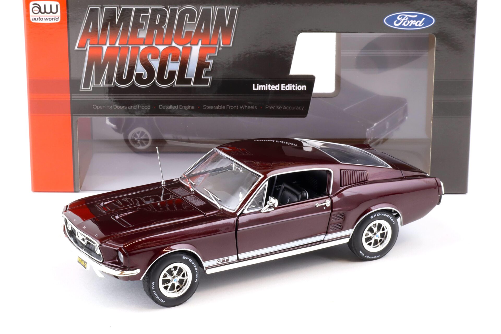 1:18 Auto World 1967 Ford Mustang GT 2+2 Coupe Code X Vintage Burgundy