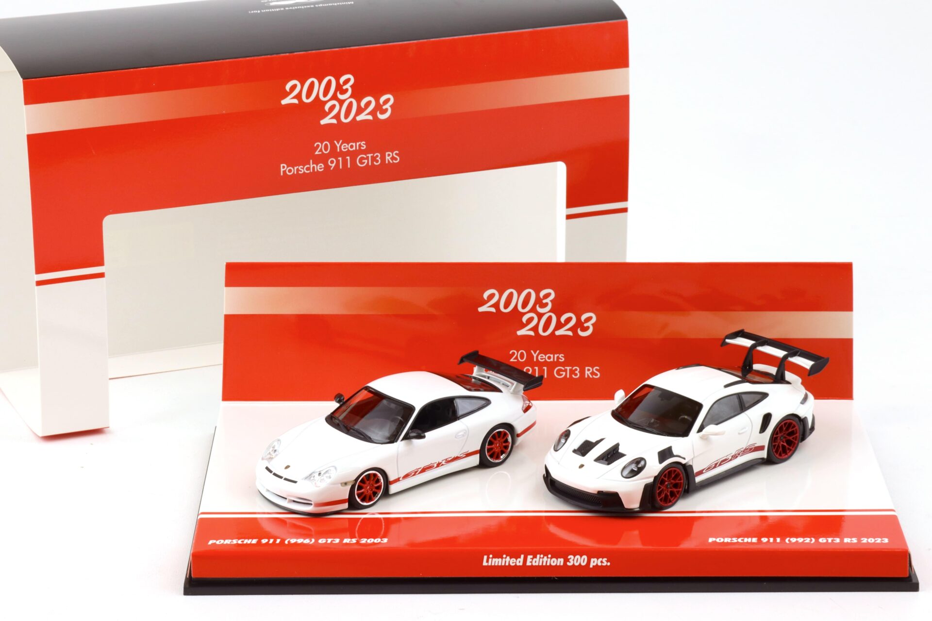 1:43 Minichamps 2-Car SET 20 Jahre Porsche 911 GT3 RS 996 + 992 white/ red