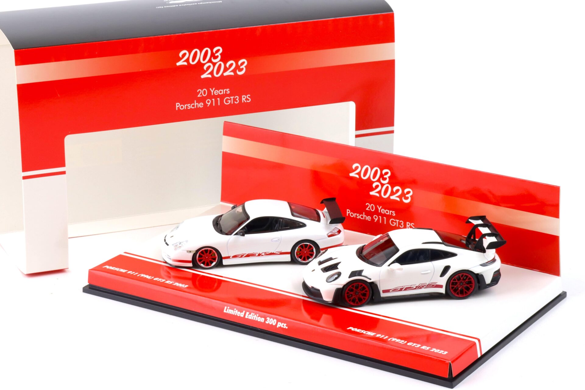 1:43 Minichamps 2-Car SET 20 Jahre Porsche 911 GT3 RS 996 + 992 white/ red