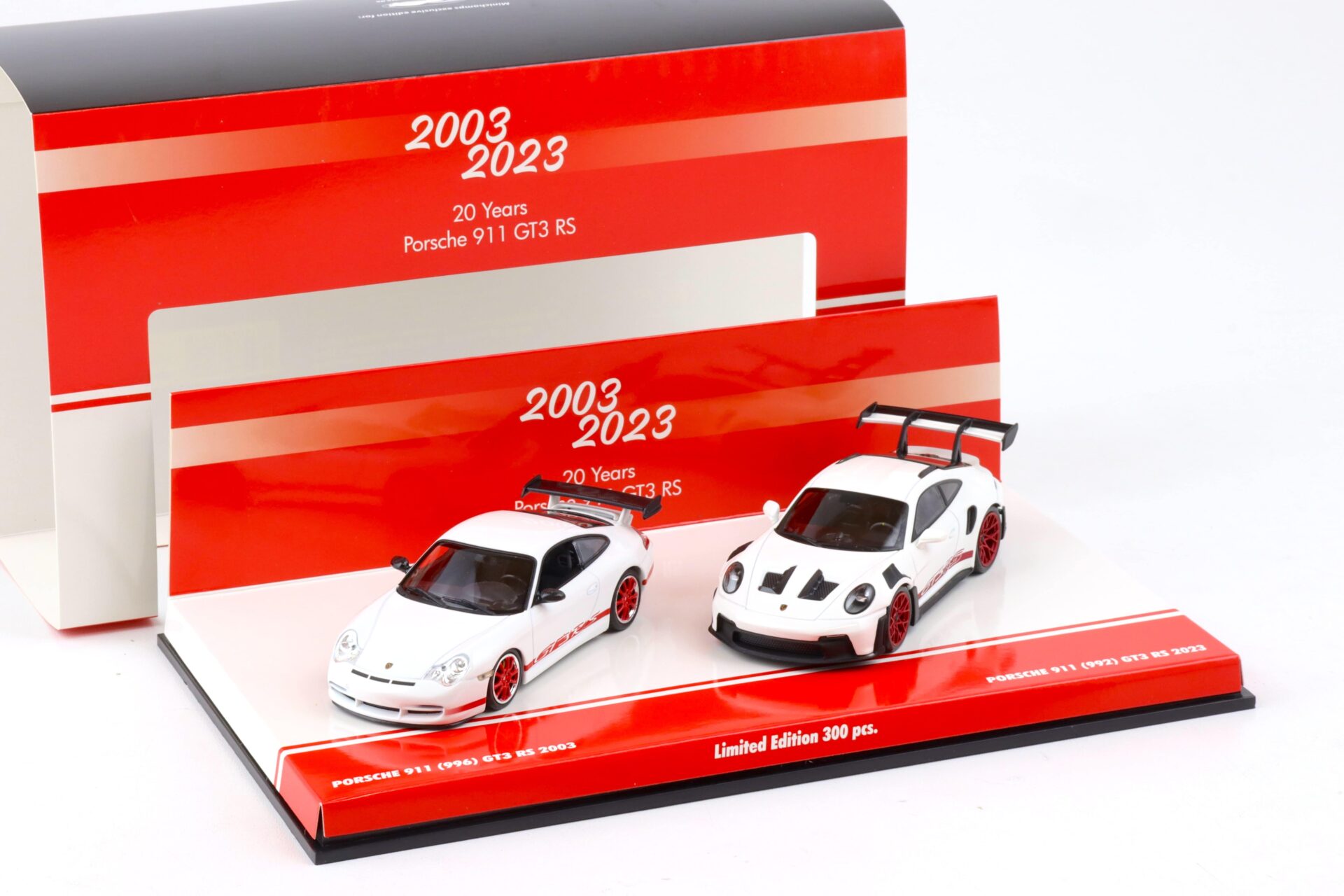 1:43 Minichamps 2-Car SET 20 Jahre Porsche 911 GT3 RS 996 + 992 white/ red