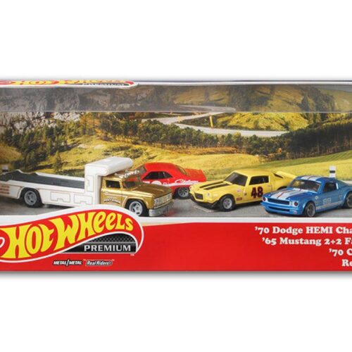 1:64 Hot Wheels Premium Set Pony Wars Real Riders Challenger, Mustang, Camaro + Retro Rig