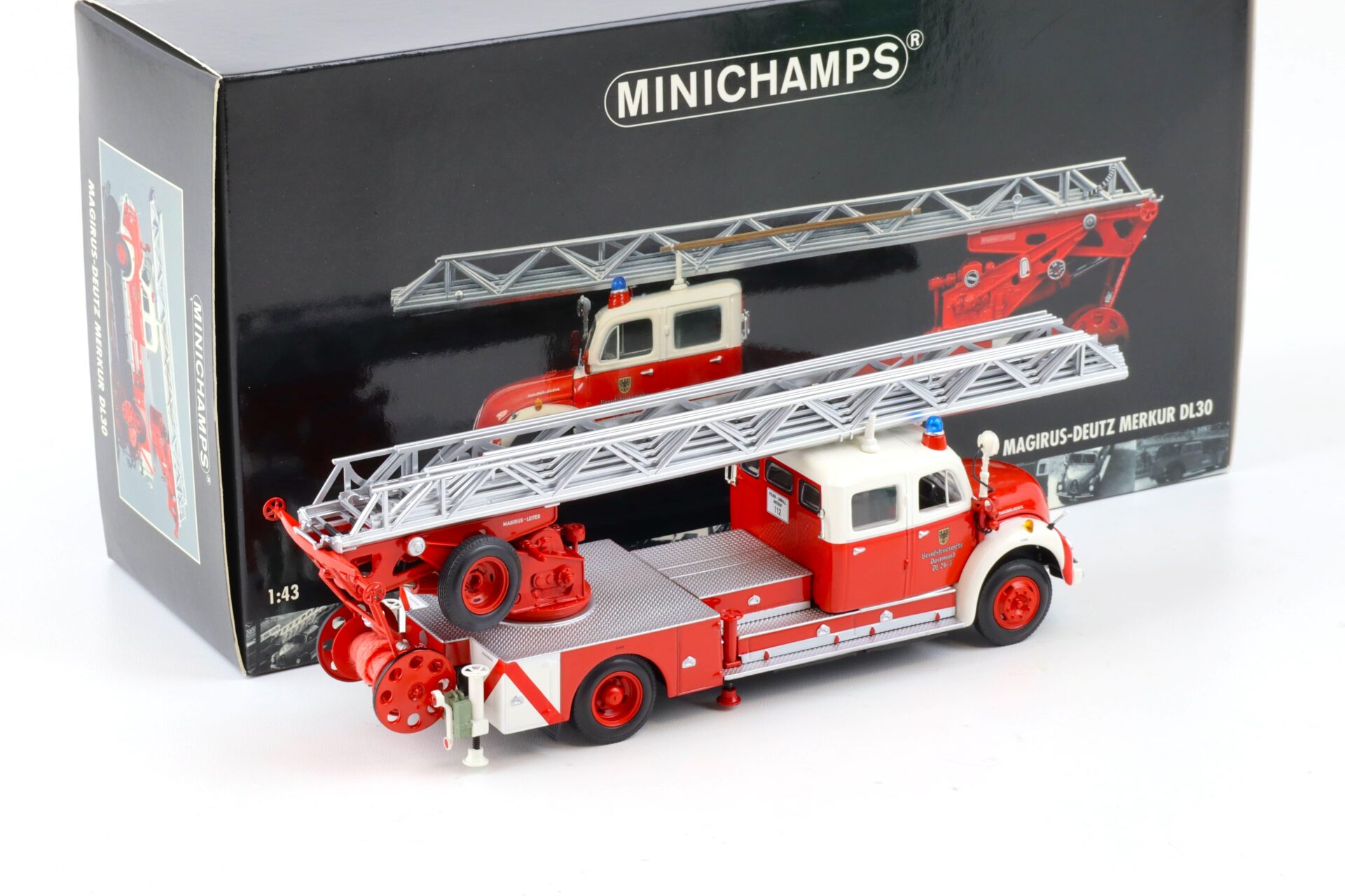 1:43 Minichamps Magirus-Deutz Merkur DL30 Drehleiter Feuerwehr Dortmund red/white