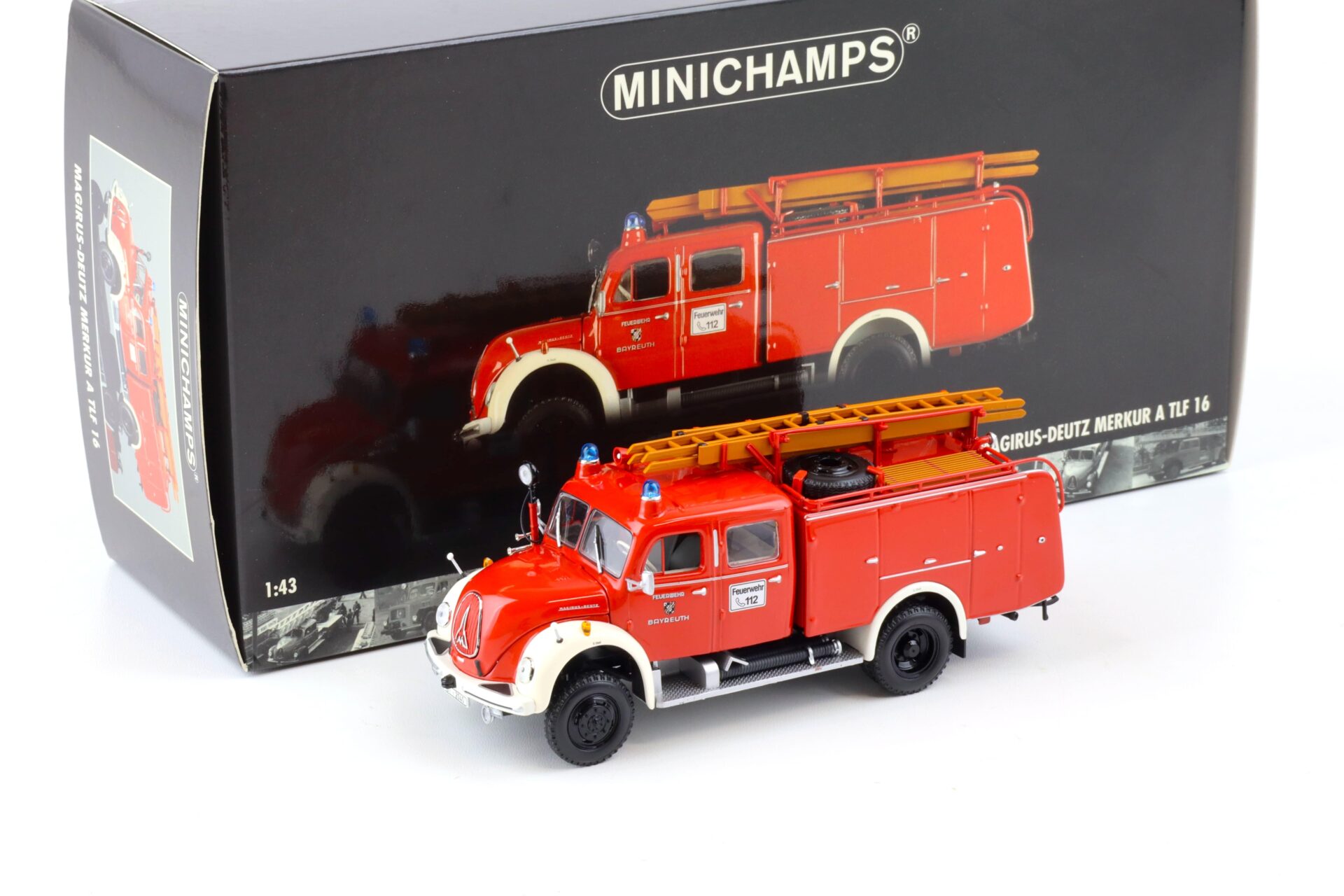 ID 87899 orig 1.jpg 1:43 Minichamps Magirus-Deutz Merkur A TLF 16 Feuerwehr Bayreuth red/white