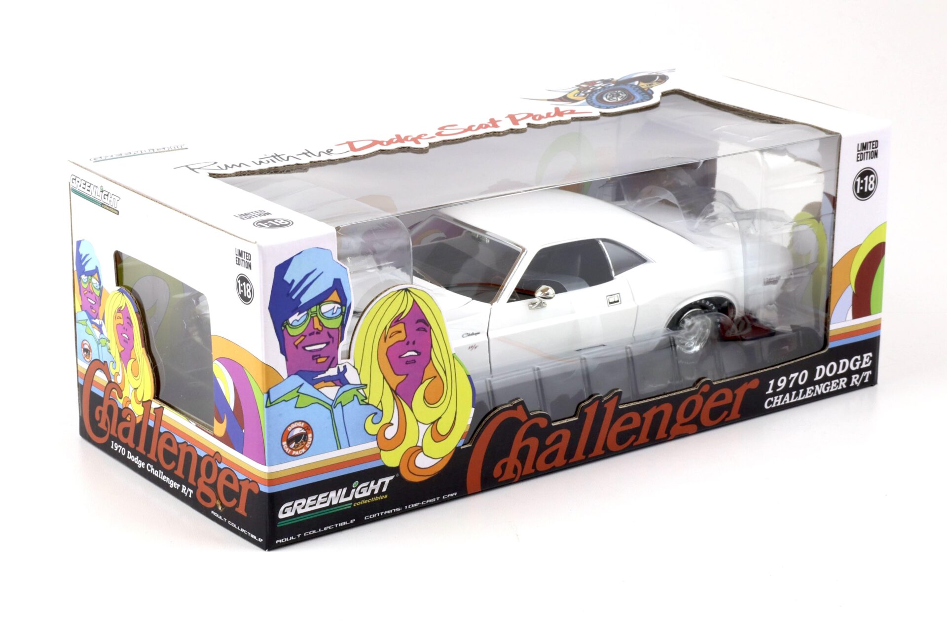 1:18 Greenlight 1970 Dodge Challenger R/T Coupe white Run with the Dodge Scat Pack