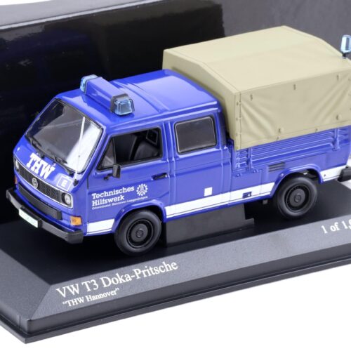 1:43 Minichamps VW T3 Doka Pritschenwagen THW Hannover blue