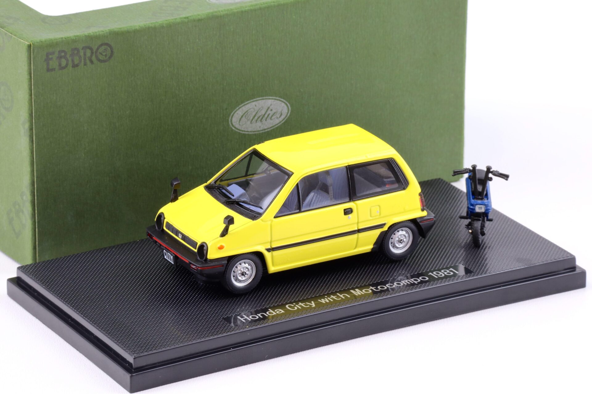 1:43 Ebbro Honda City 1981 yellow with Motocompo