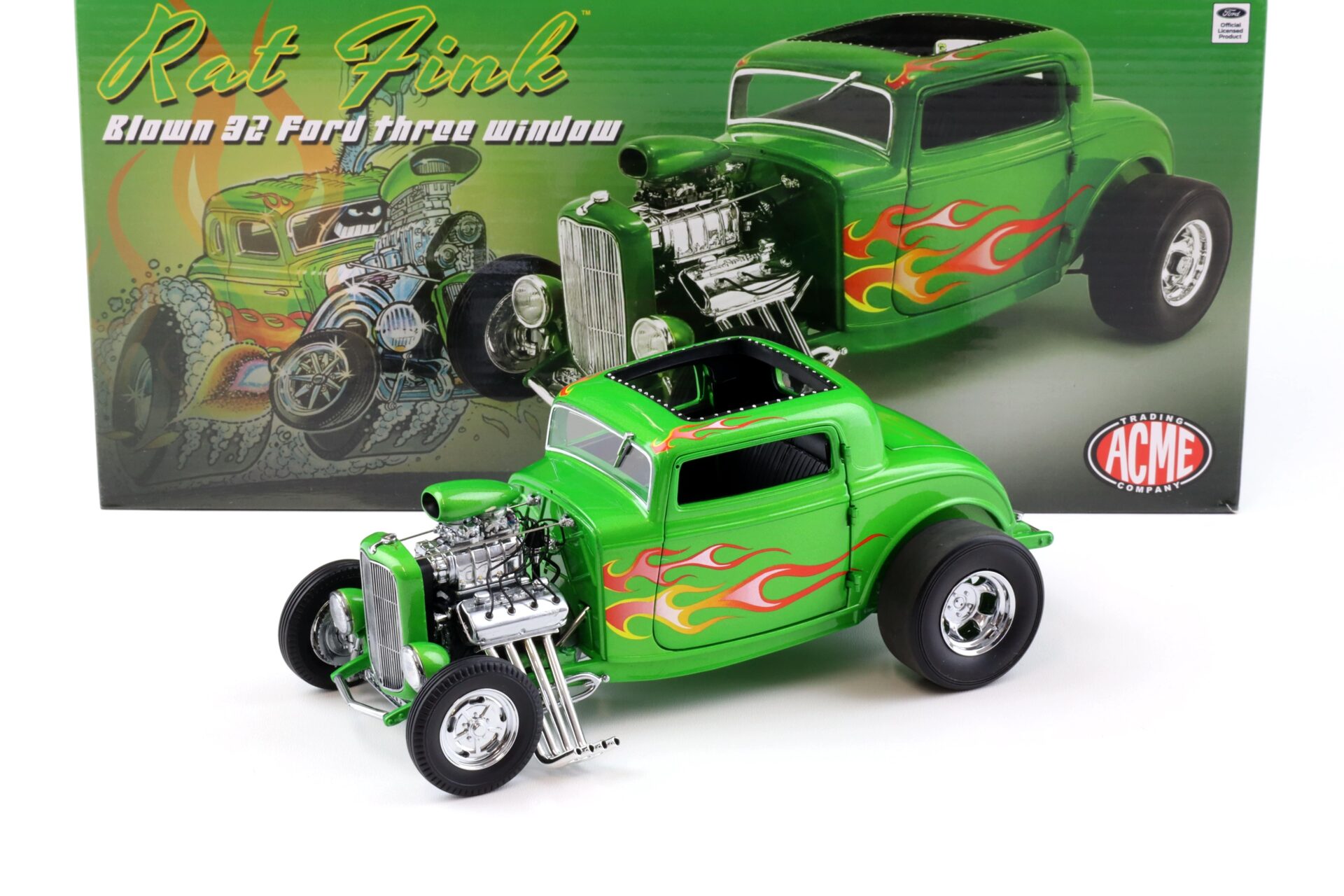 1:18 ACME 1932 Blown Ford Three Window Hot Rod RAT FINK green