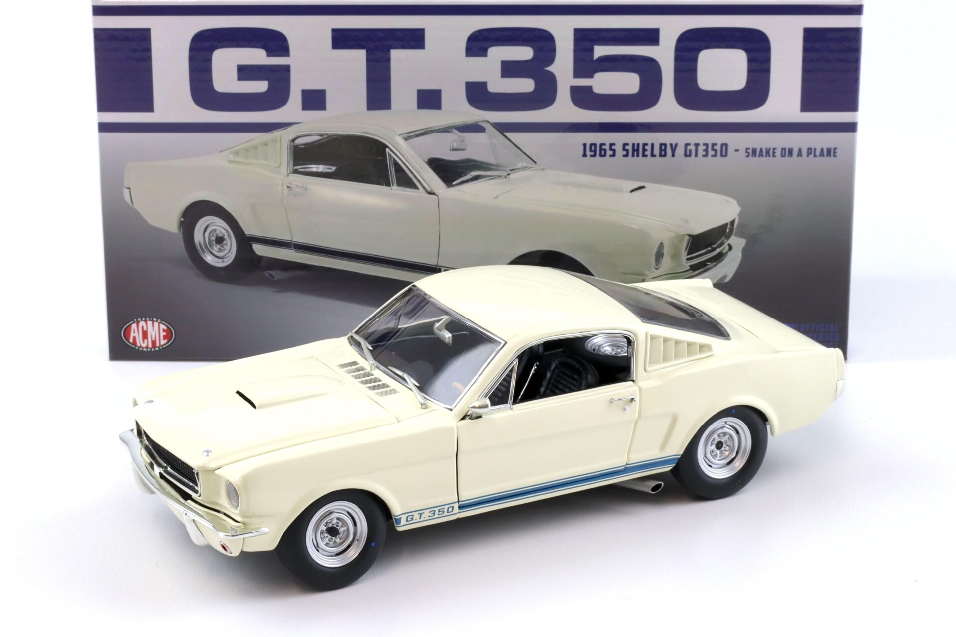1:18 ACME 1965 Shelby GT350 Coupe SNAKE ON THE PLANE white/ blue