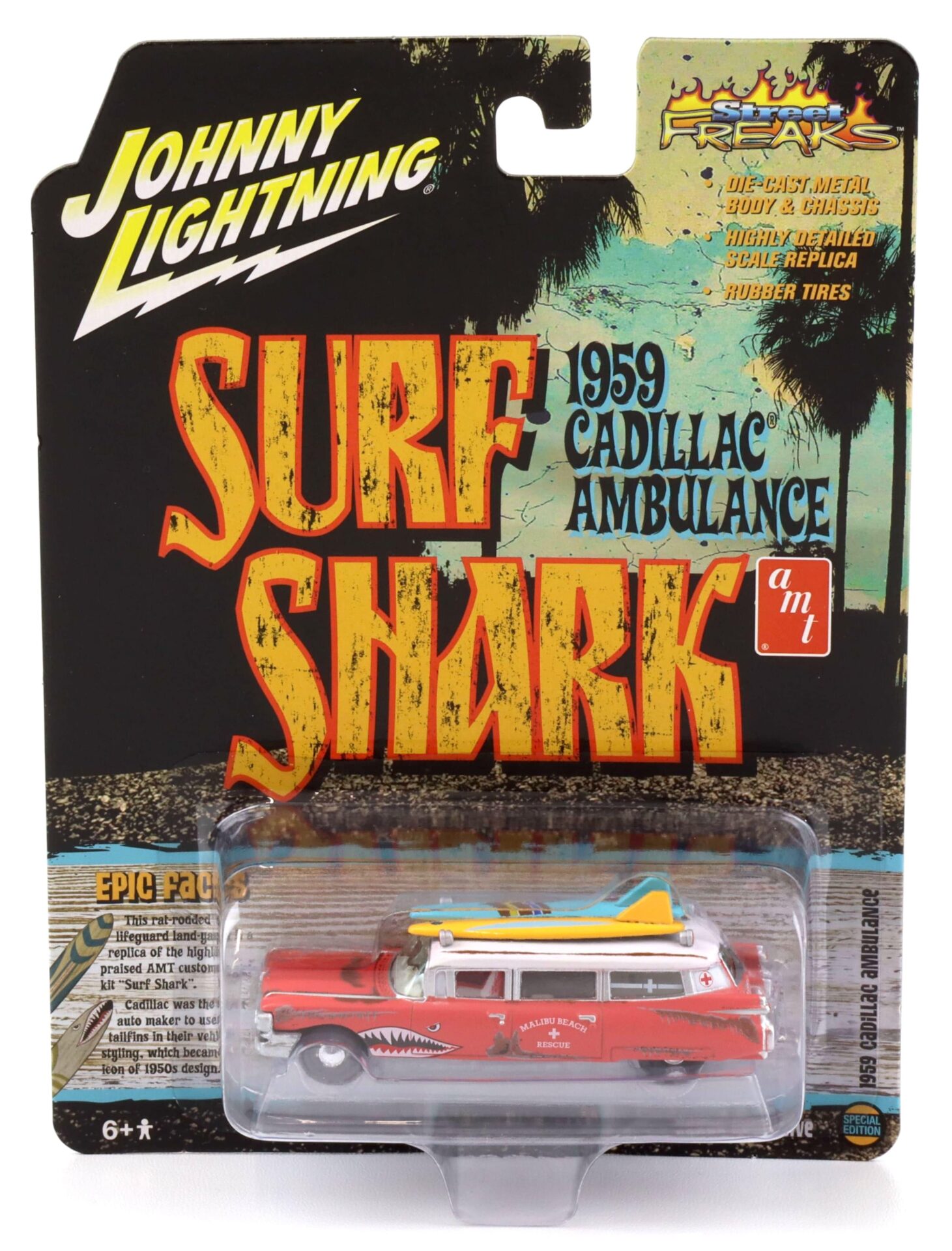 1:64 Johnny Lightning 1959 Cadillac Eldorado Ambulance SURF SHARK red/ white rusty
