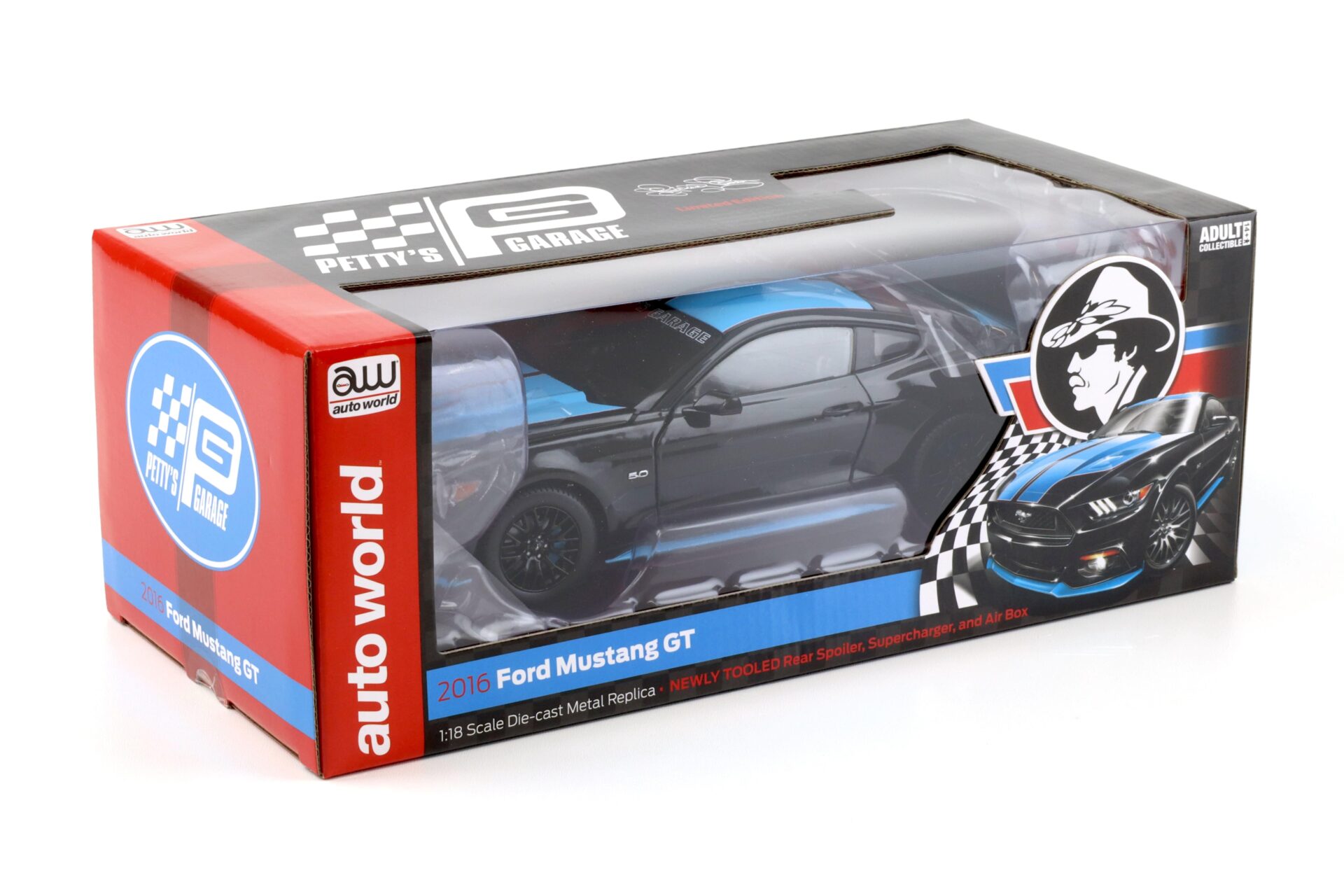 1:18 Auto World 2016 Ford Mustang GT 5.0 Coupe Petty´s Garage black/ blue