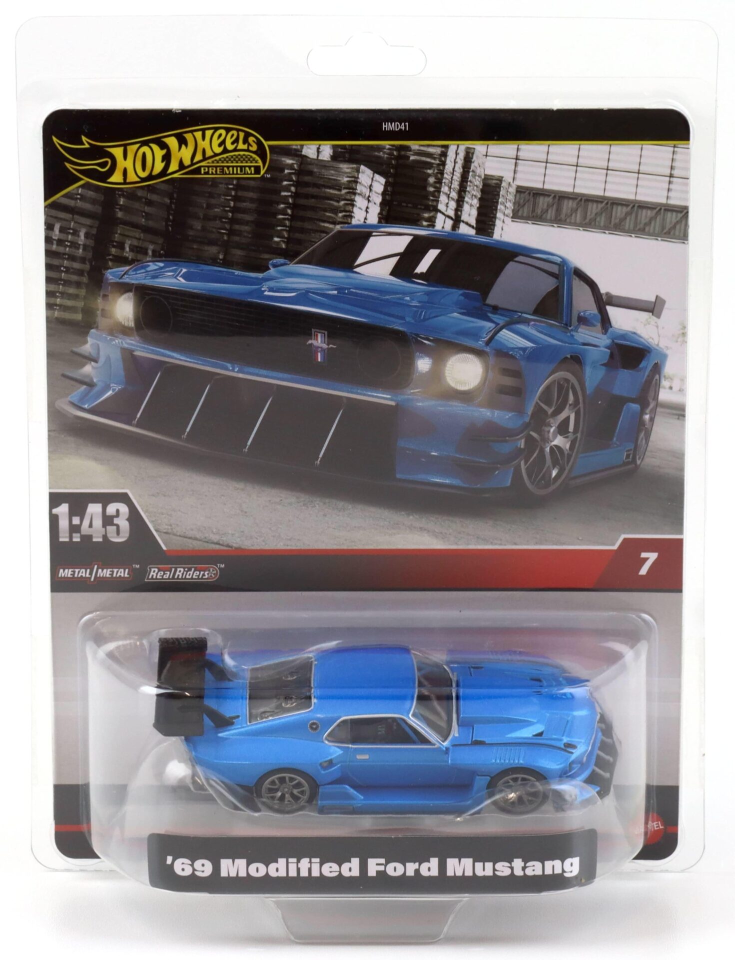 1:43 Hot Wheels Premium 2024 Real Riders 1969 Modified Ford Mustang blue