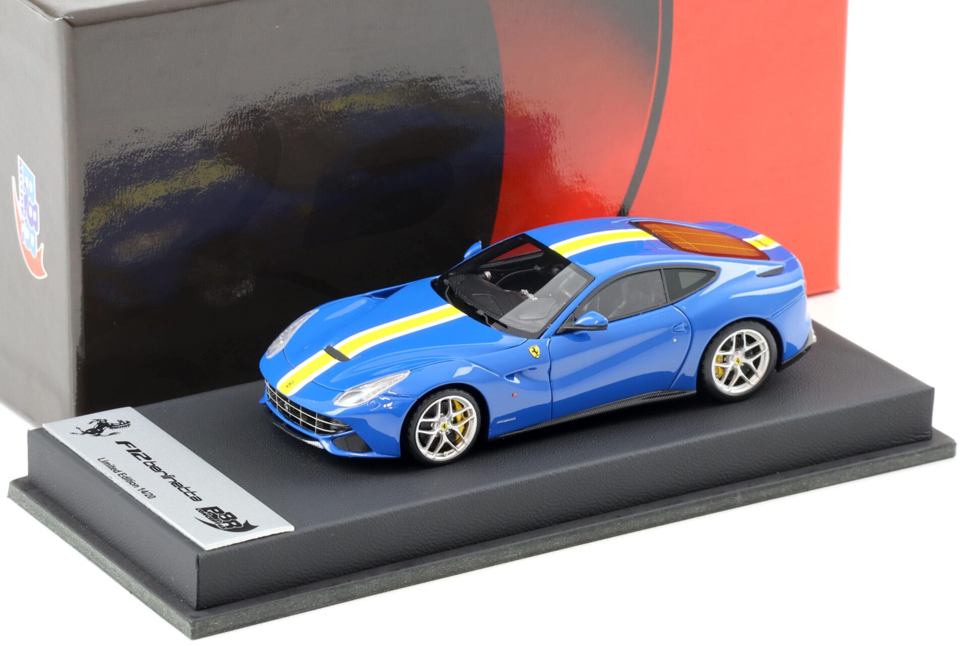 ID 96783 orig.jpg 1:43 BBR Ferrari F12 Berlinetta Azzurro Dino/ yellow stripe - Limited 20 pcs.