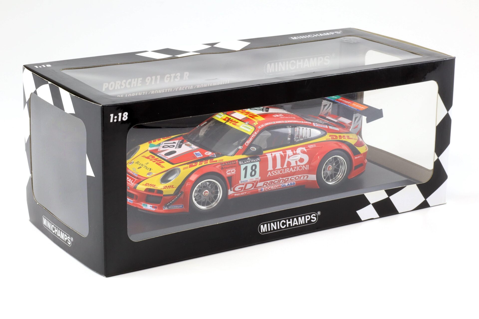 1:18 Minichamps Porsche 911 997 GT3 R De Lorenzi Racing 24h Spa 2011 DHL ITAÂ´s #18
