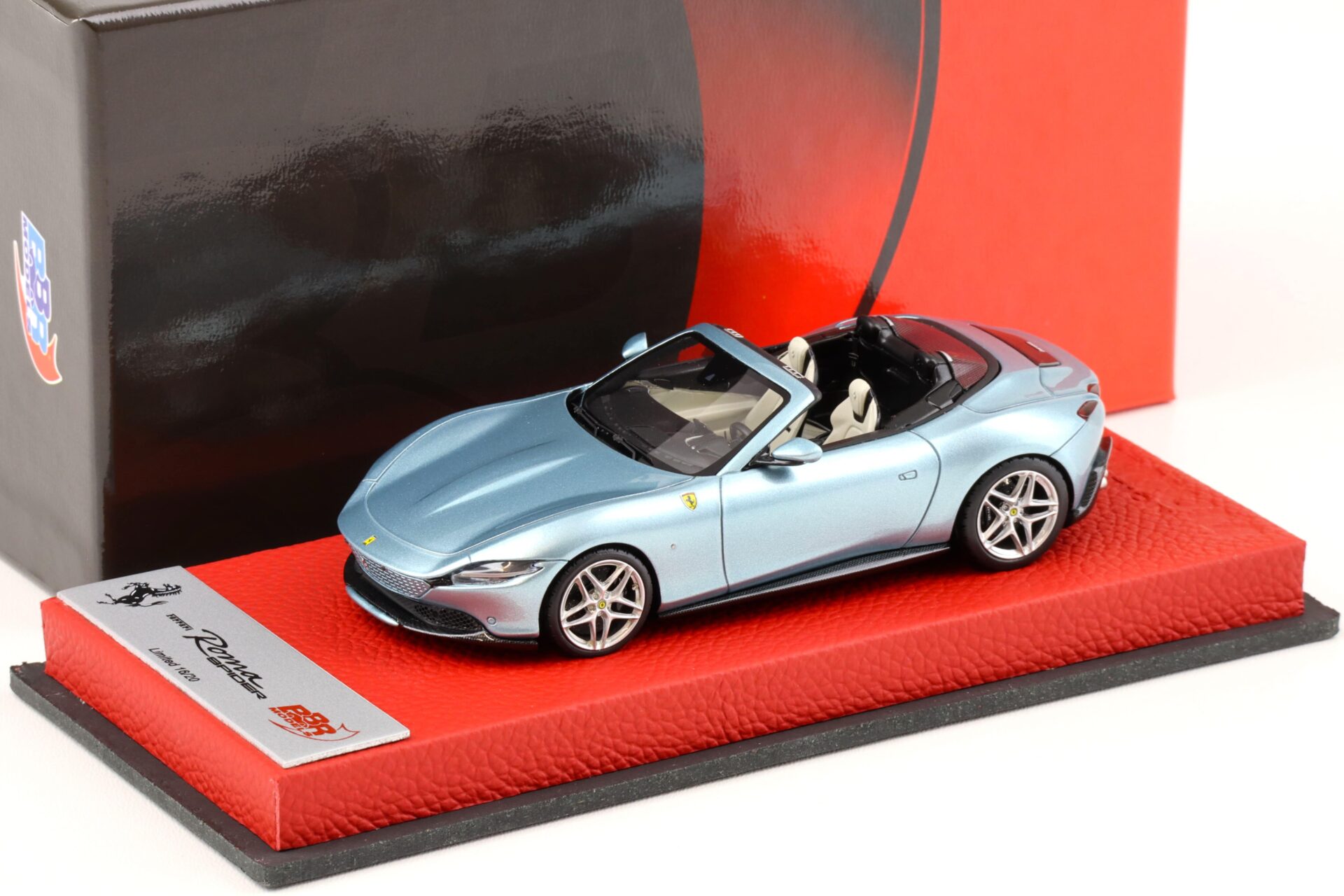 1:43 BBR PREMIUM Ferrari Roma Spider Celeste Tevere leather base - Limited 20 pcs.