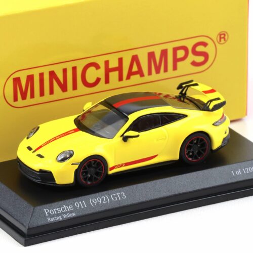 1:64 Minichamps Porsche 911 992 GT3 Coupe Racing yellow/ red stripes