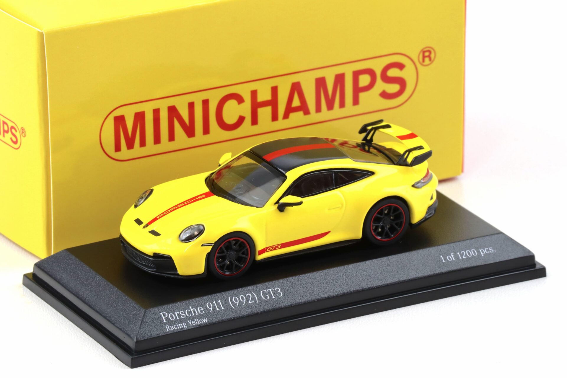 1:64 Minichamps Porsche 911 992 GT3 Coupe Racing yellow/ red stripes