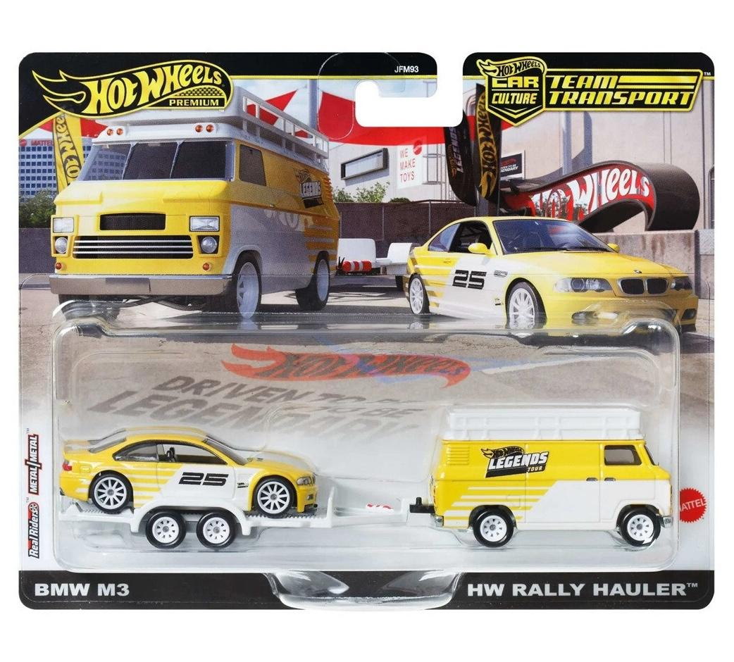 1:64 Hot Wheels Premium Team Transport JFM93 BMW M3 + Rally Hauler Legends Tour