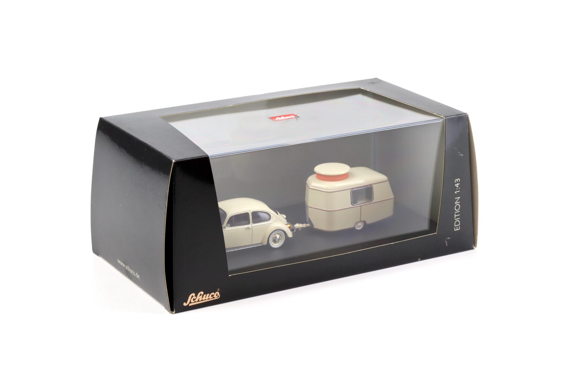 1:43 Schuco VW Käfer 1600i (UE) mit Eriba Puck Wohnanhänger beige