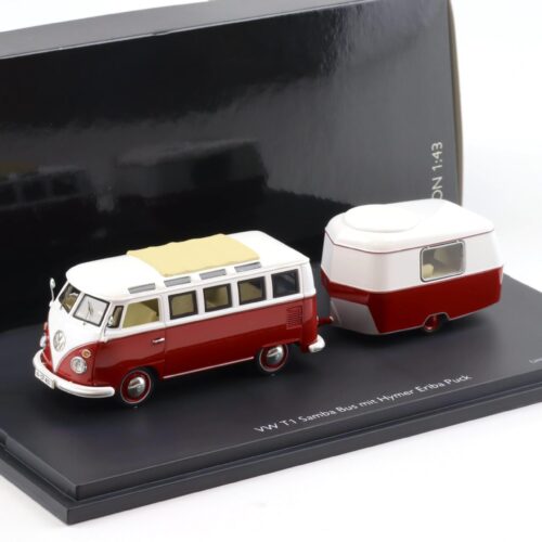 1:43 Schuco VW T1 Samba Bus mit Eriba Puck Wohnanhänger red/ white