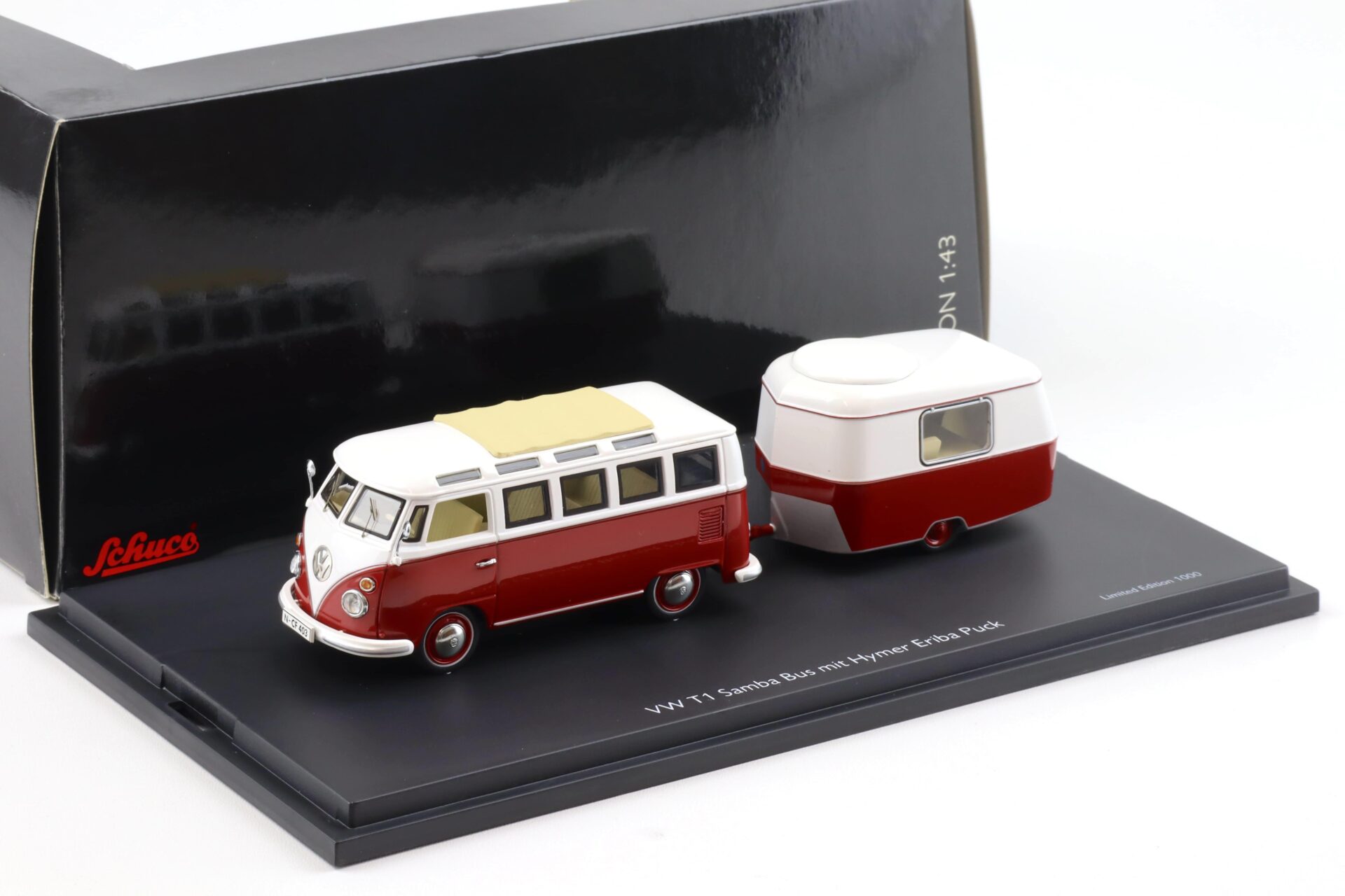 1:43 Schuco VW T1 Samba Bus mit Eriba Puck Wohnanhänger red/ white