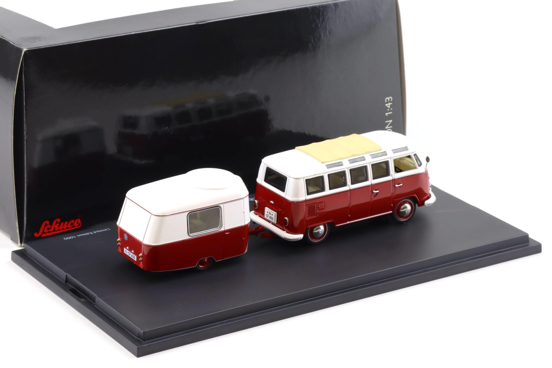 1:43 Schuco VW T1 Samba Bus mit Eriba Puck Wohnanhänger red/ white