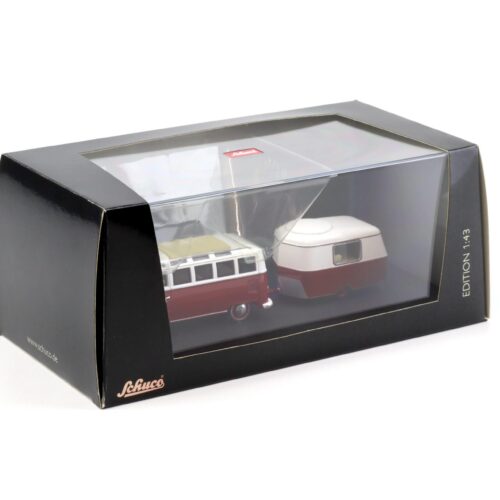 1:43 Schuco VW T1 Samba Bus mit Eriba Puck Wohnanhänger red/ white