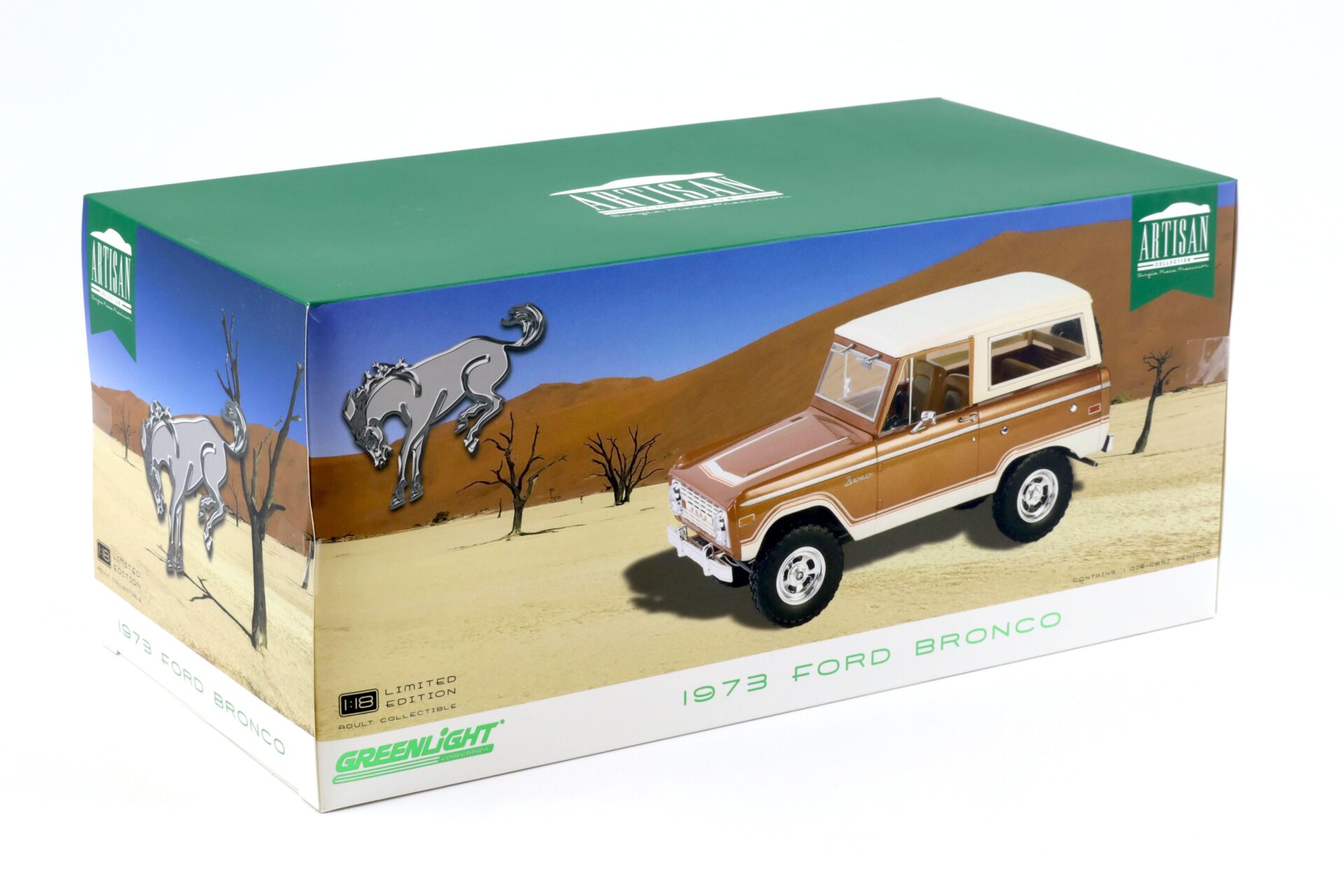 1:18 Greenlight Artisan 1973 Ford Bronco Ranger Hot Ginger metallic/ white