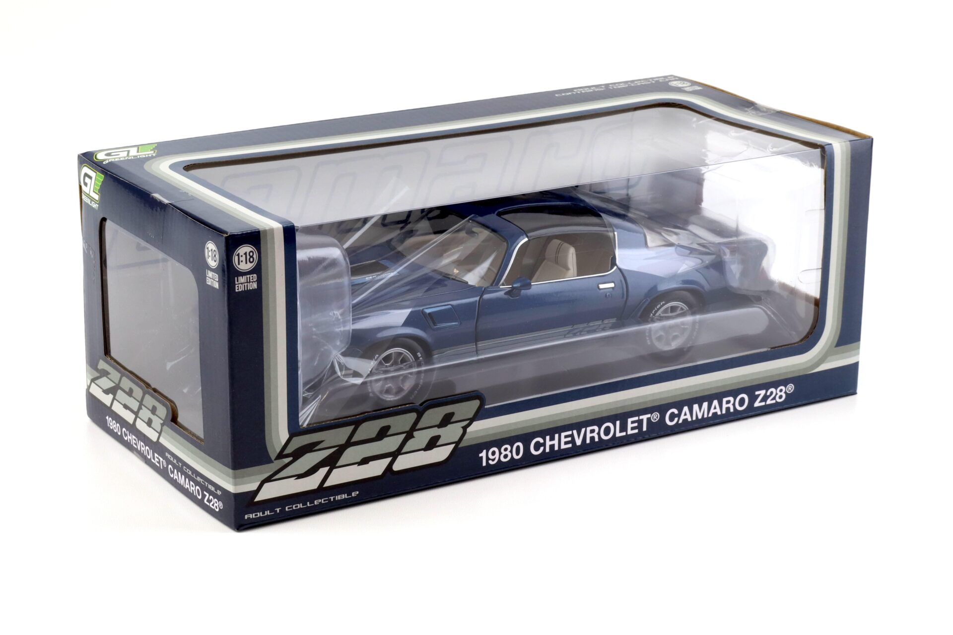 1:18 Greenlight 1980 Chevrolet Camaro Z28 with T-Tops dark blue with stripes