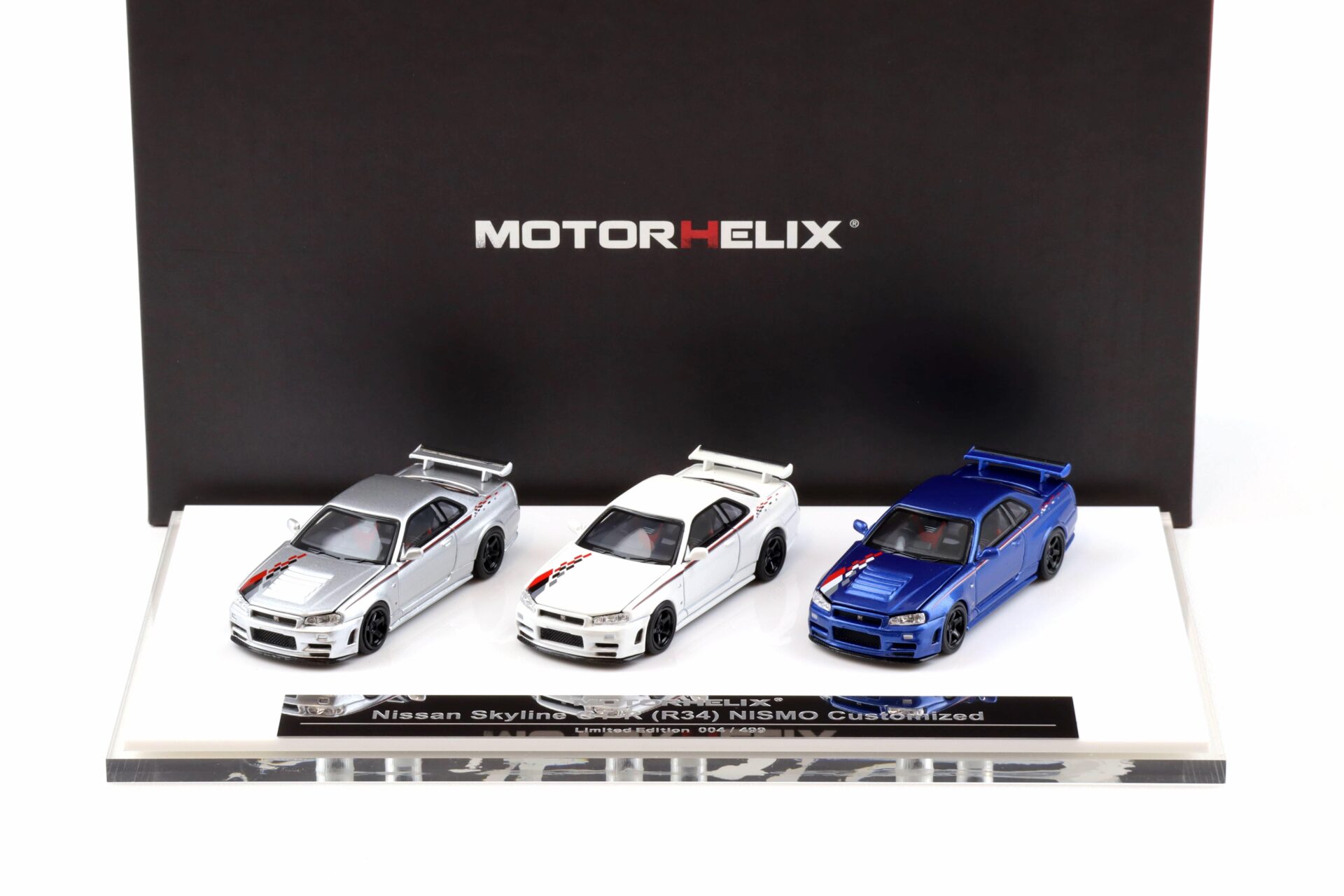 1:64 Motorhelix Foshan Show Nissan Skyline GT-R R34 Nismo 3-Car Set Limited 499 pcs.