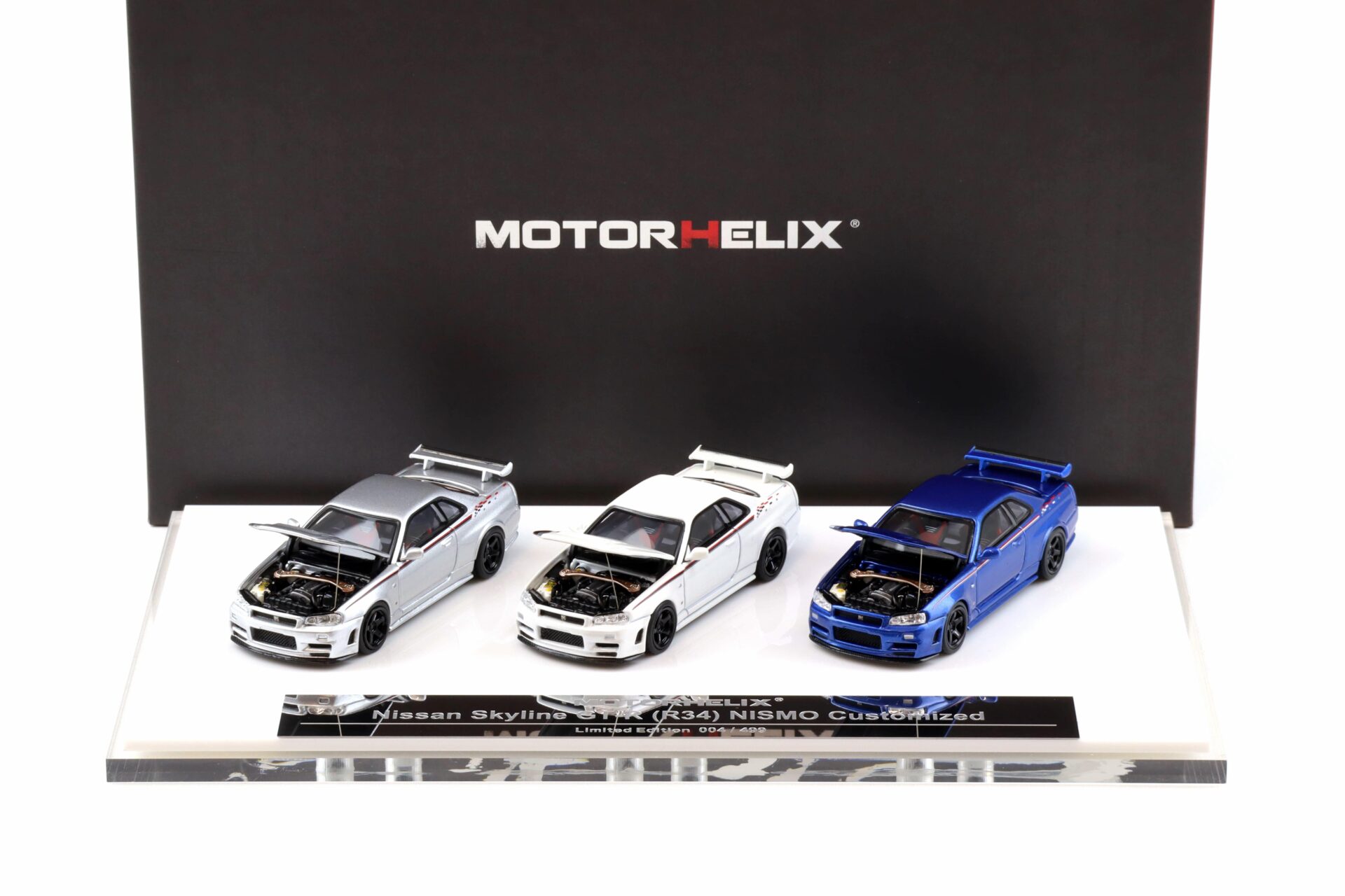1:64 Motorhelix Foshan Show Nissan Skyline GT-R R34 Nismo 3-Car Set Limited 499 pcs.
