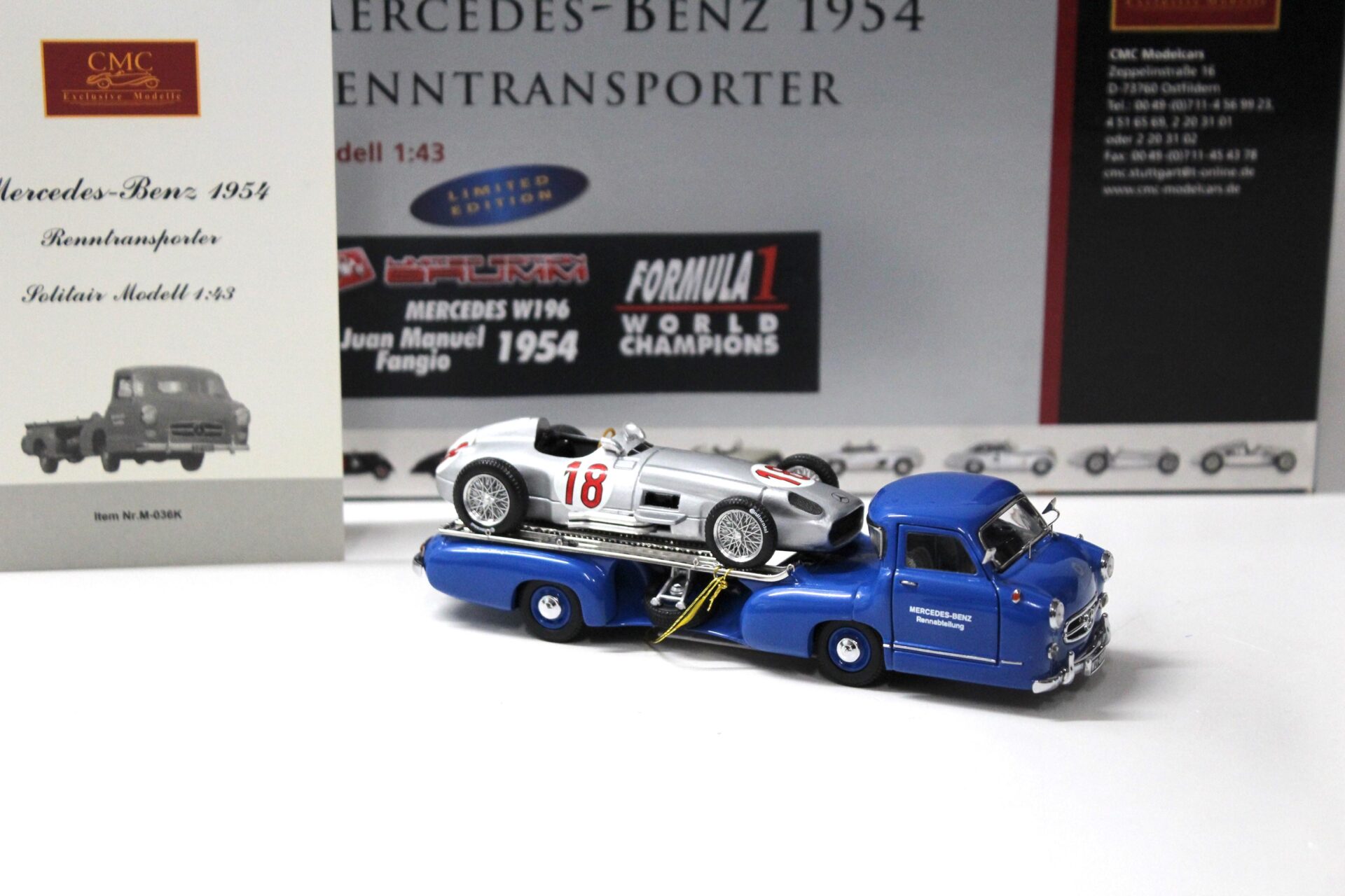 1:43 CMC Mercedes Renntransporter 1954 mit Brumm W196 Juan Fangio
