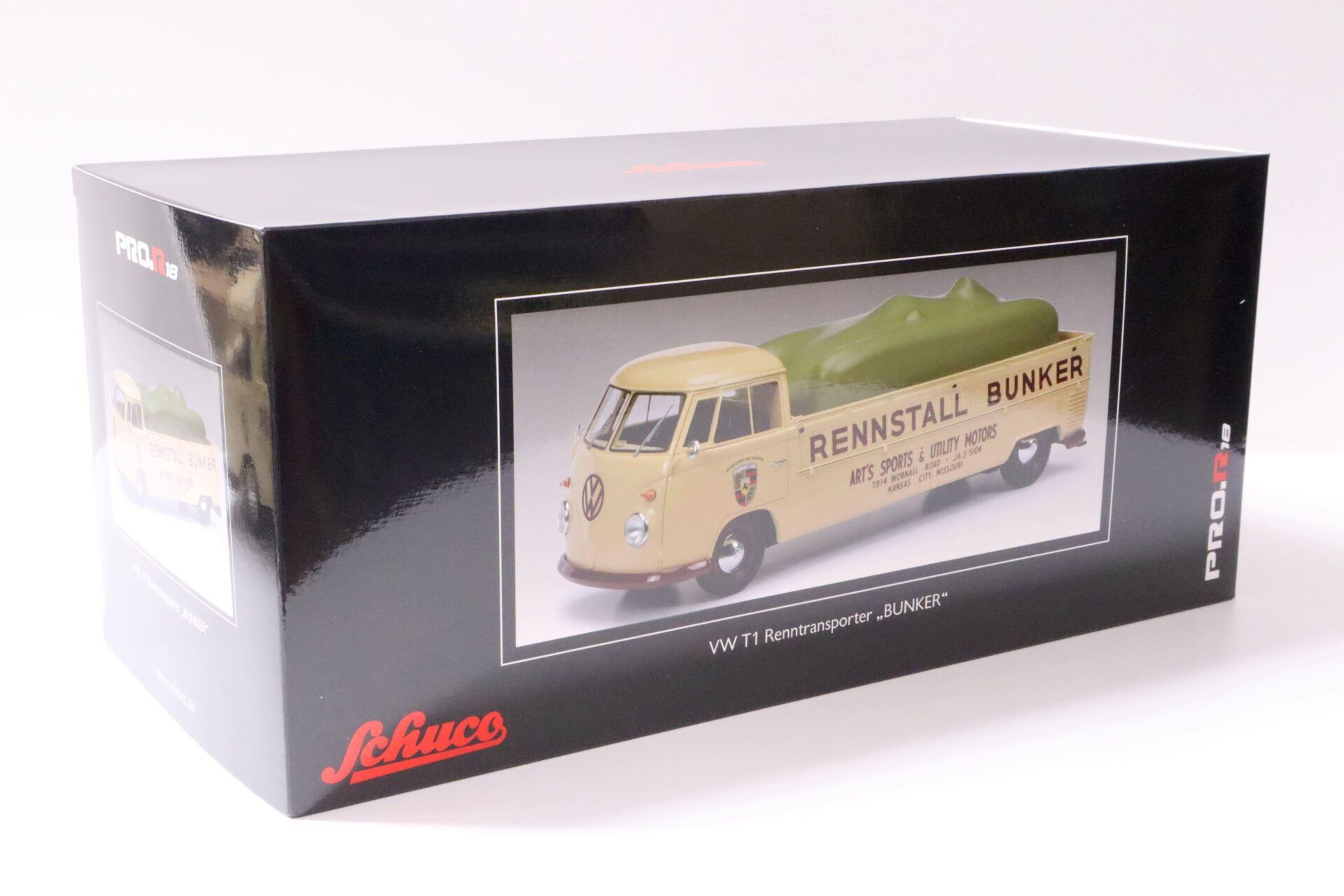 1:18 Schuco VW T1 Renntransporter "Bunker" Porsche beige