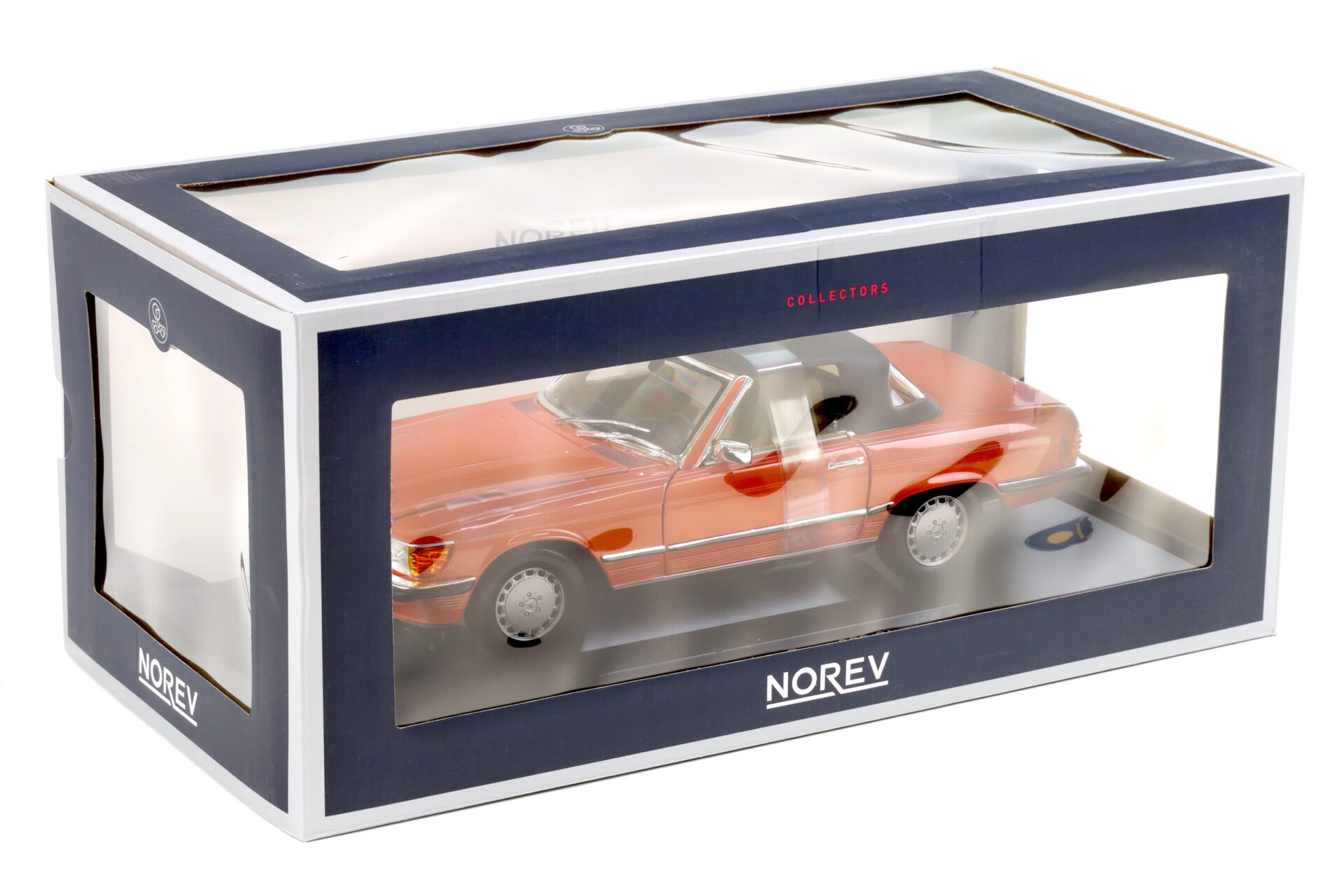 1:18 Norev Mercedes 300 SL Cabriolet R107 Inca red 1986