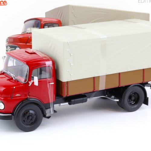 1:18 Schuco Mercedes L911 flatbed + tarpaulin truck ruby red Die-Cast - Image 1