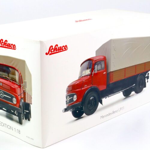 1:18 Schuco Mercedes L911 flatbed + tarpaulin truck ruby red Die-Cast - Image 4
