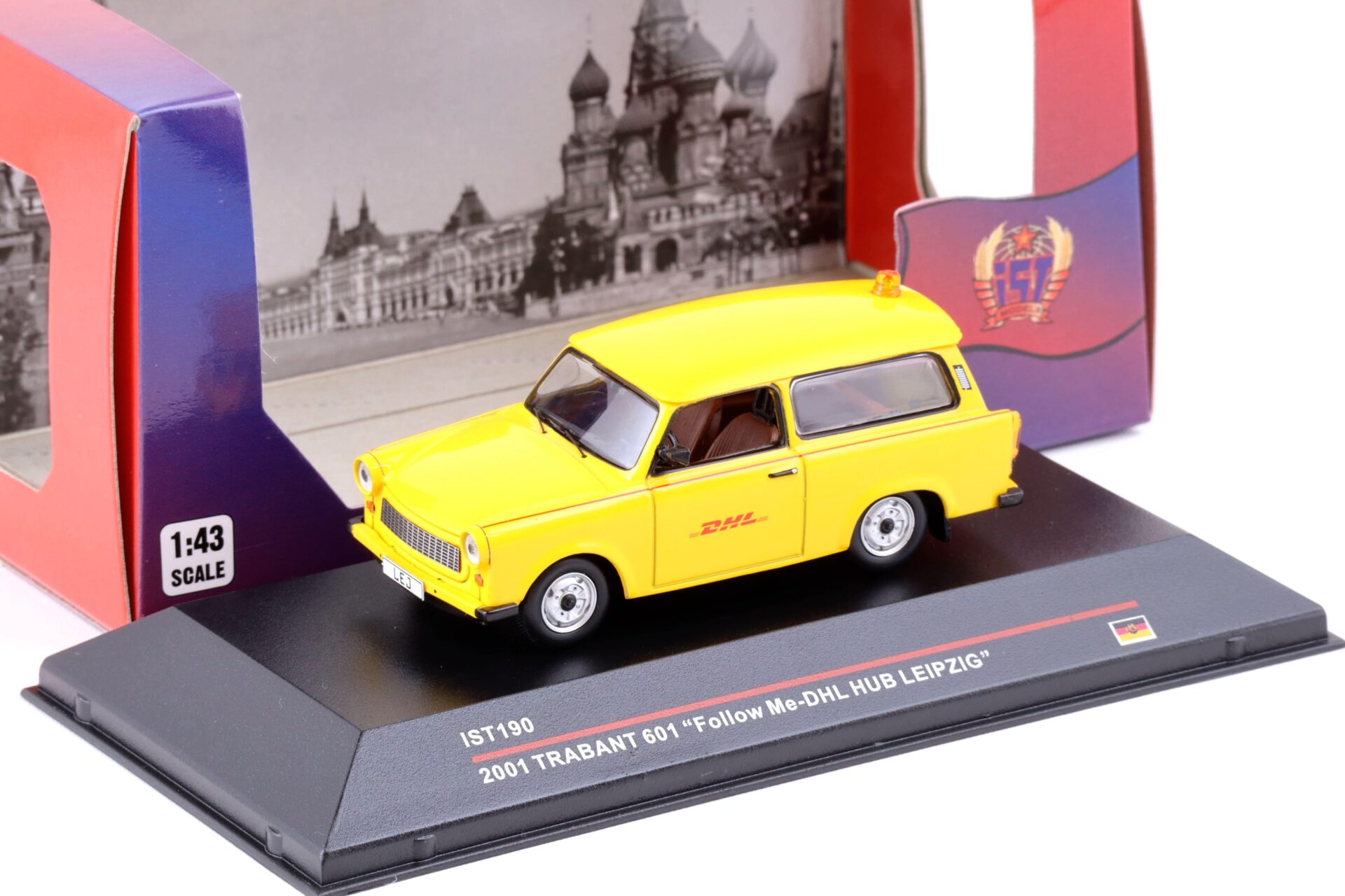 1:43 IST Models 2001 Trabant 601 Follow-Me DHL Hub Leipzig yellow