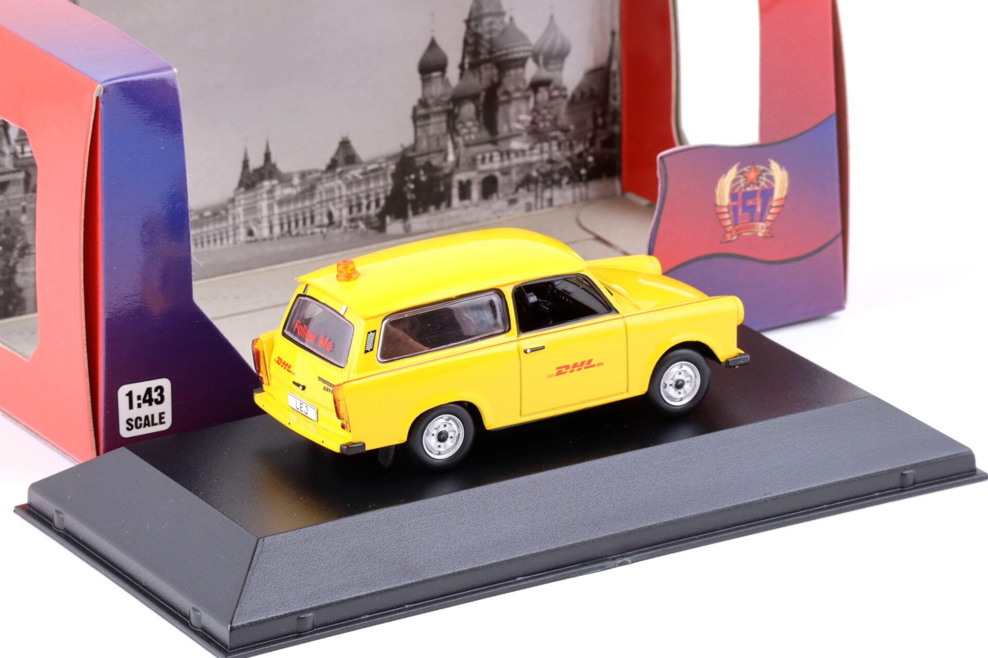 1:43 IST Models 2001 Trabant 601 Follow-Me DHL Hub Leipzig yellow