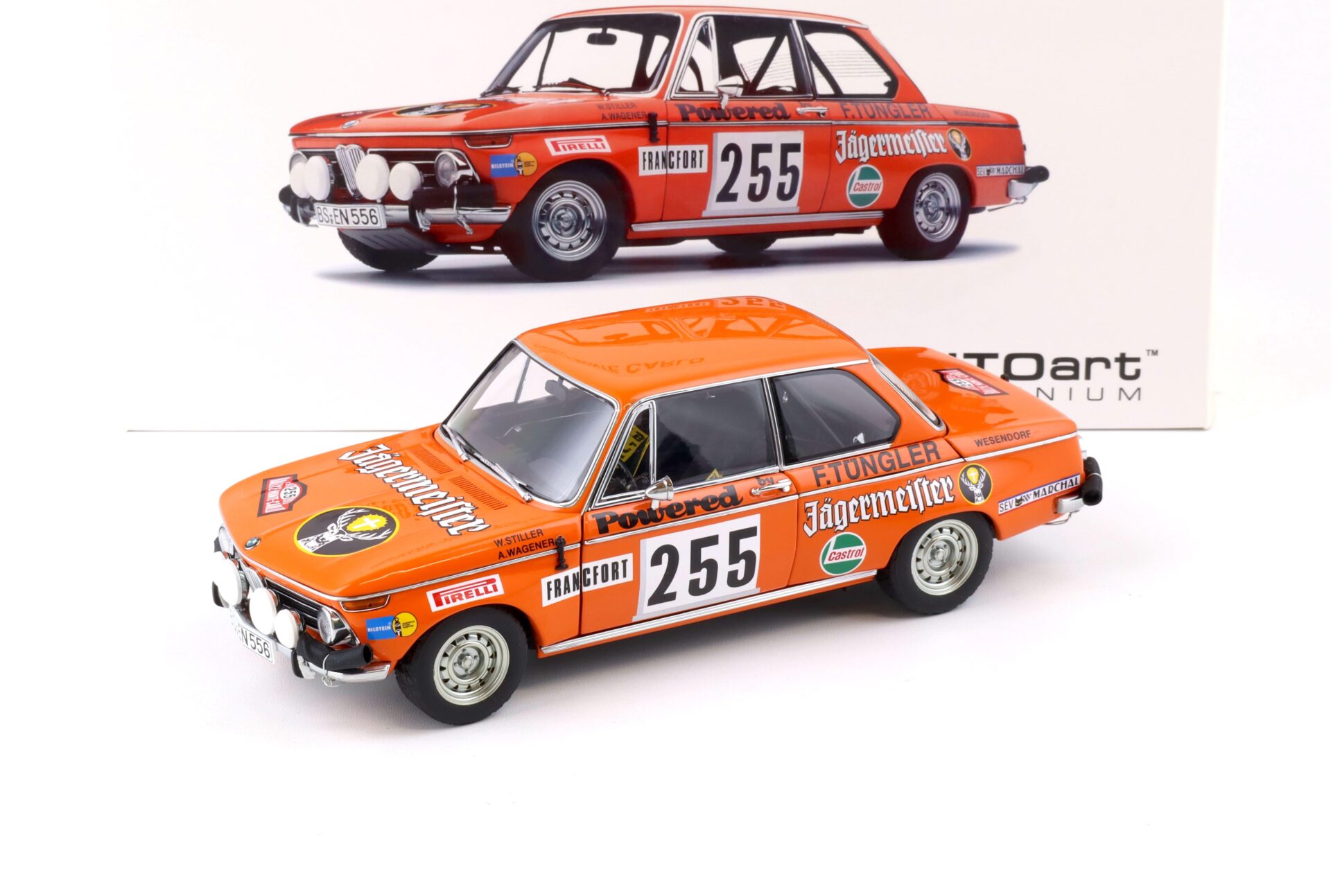 1:18 AUTOart BMW 2002 Rally Monte Carlo Jägermeister 1973 Stiller/Wagener