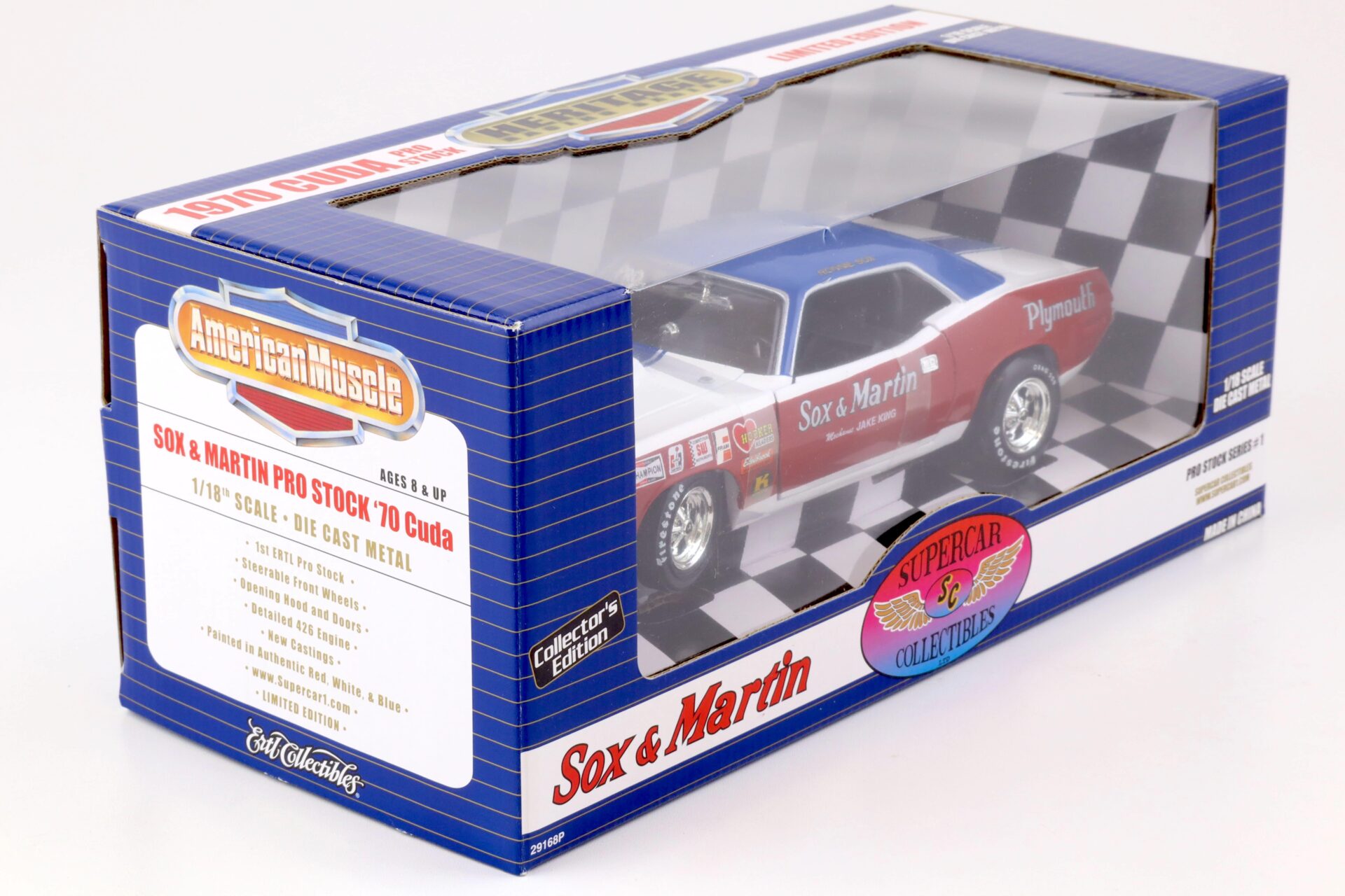 1:18 ERTL SOX & MARTIN 1970 Plymouth Cuda Pro Stock white/ blue/red